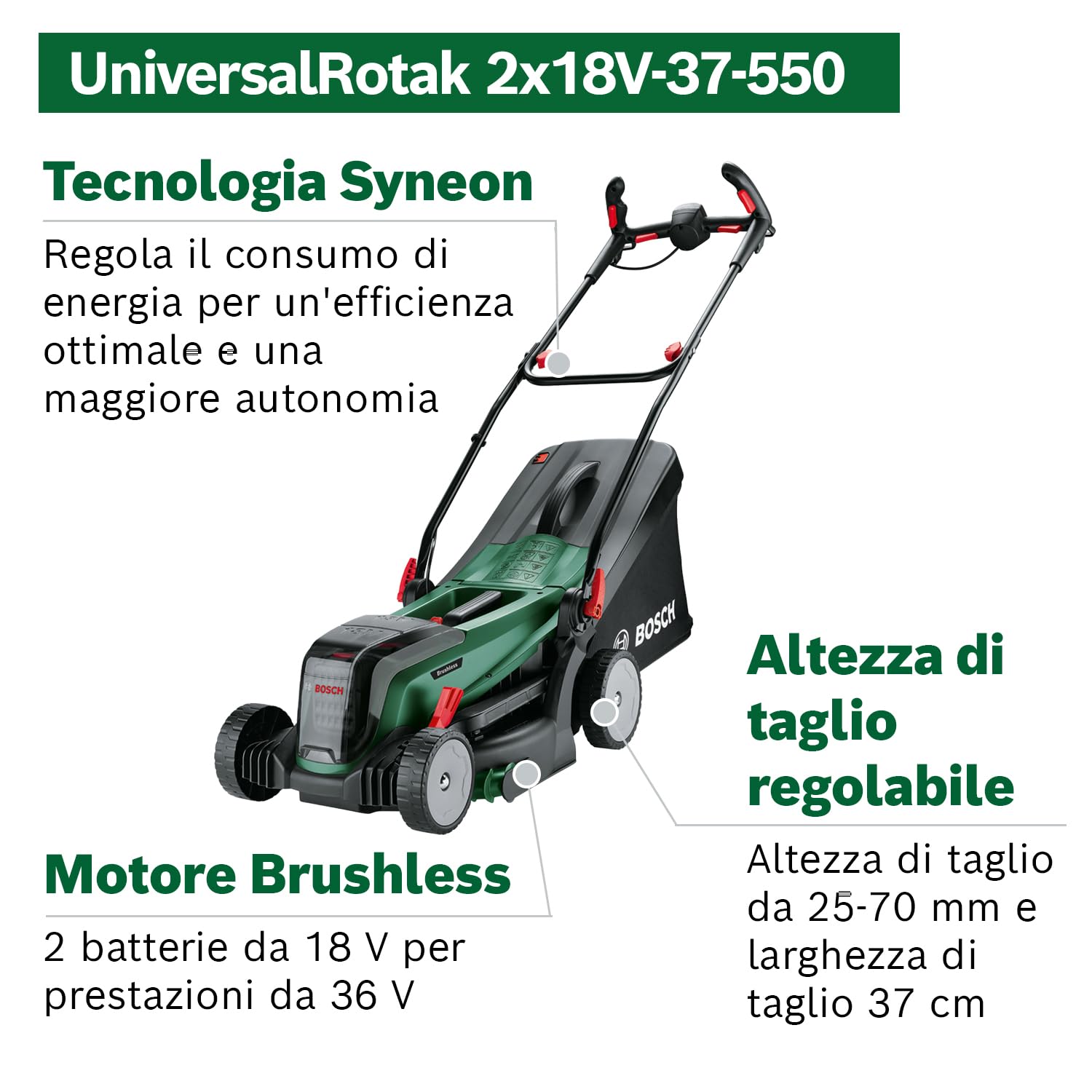 Bosch Tagliaerba/Tosaerba a batteria UniversalRotak 2x18V-37-550 | fino a 500 m2; 18 Volt System; larghezza di taglio: 37 cm; 2 batterie da 18 V 4.0 Ah e caricabatteria