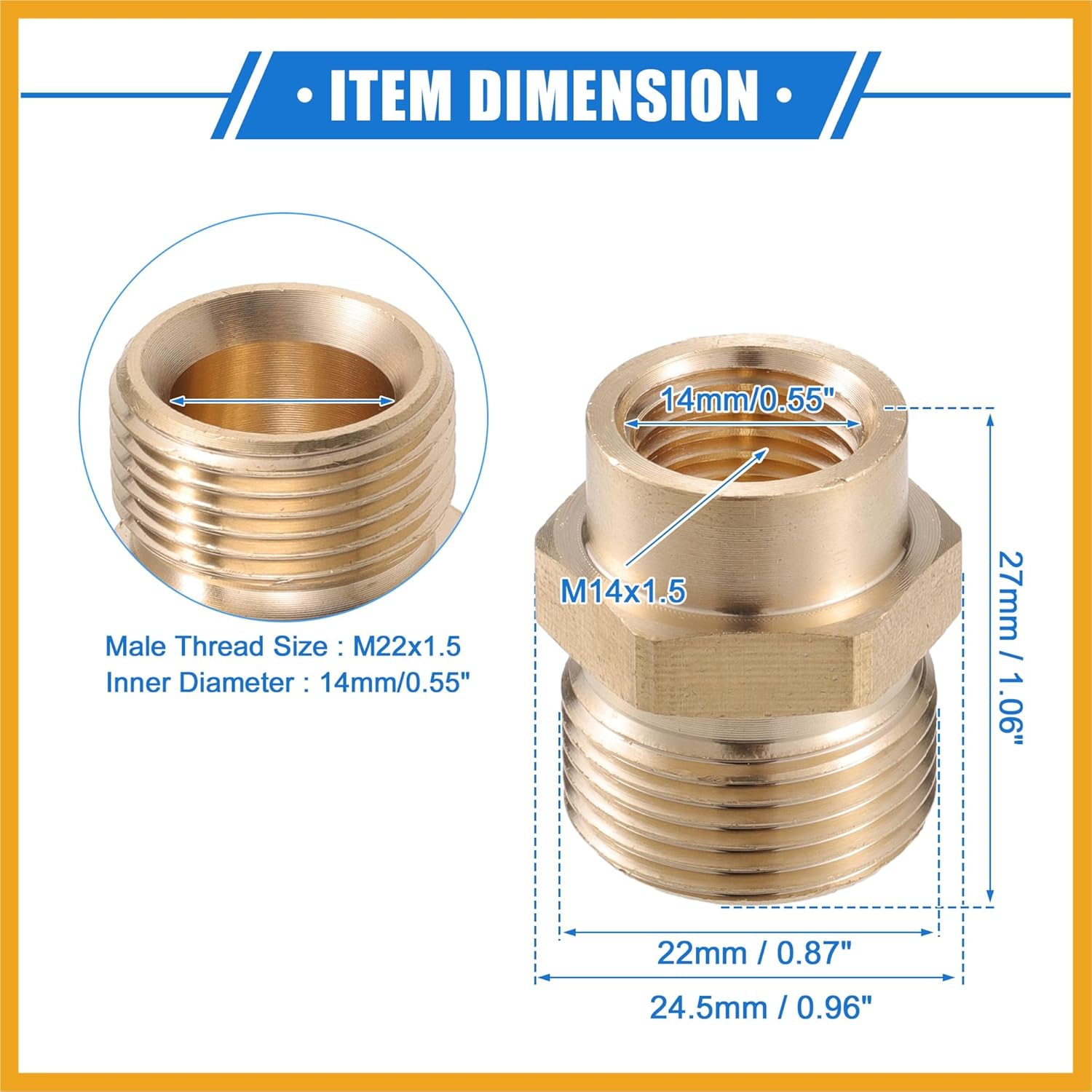 Pressure Washer Connector, M14x1.5 to 14mm M22x1.5 Male and Female Adapter Brass Screw Hose Connector Universal for Pressure Washer Quick Connect Brass Copper Tone Replacement