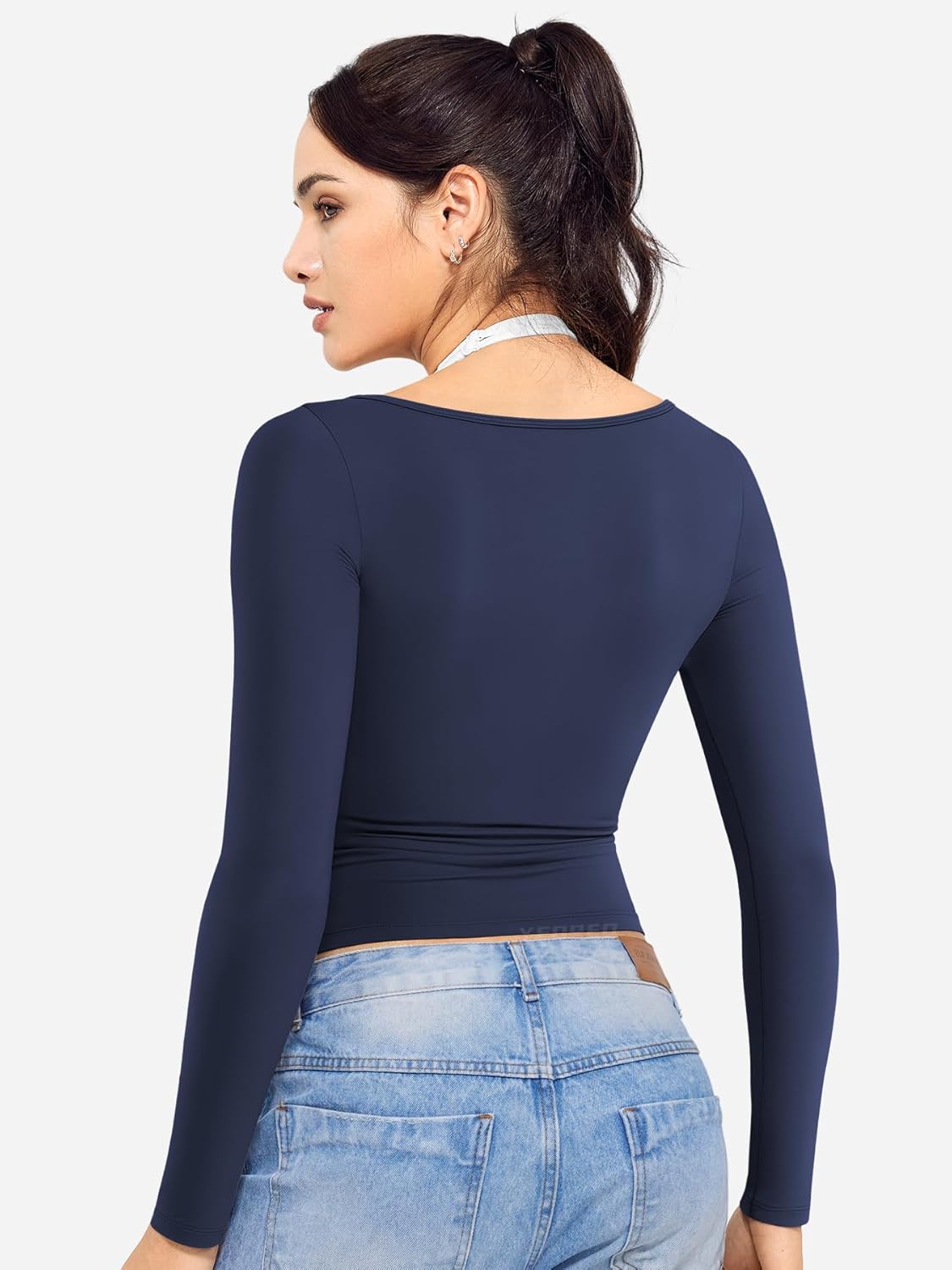 YEOREO Long Sleeve Workout Tops for Women Square Neck Slim Fitted Double Lined Compression Shirt Basic Casual Gym Yoga Tops - Image 2