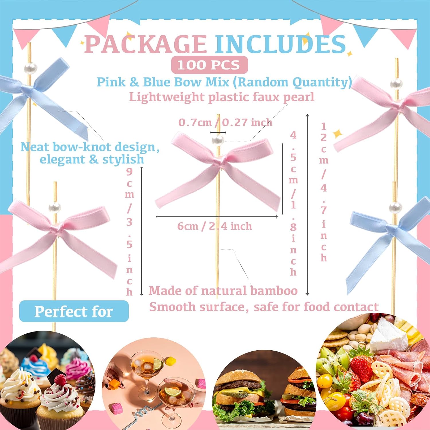 100PCS Pink and Blue Bow Cocktail Picks – Pearl Toothpicks for Appetizers, Cupcakes, Fruit Skewers – Decorative Party Picks for Baby Shower, Gender Reveal, Birthday, Easter