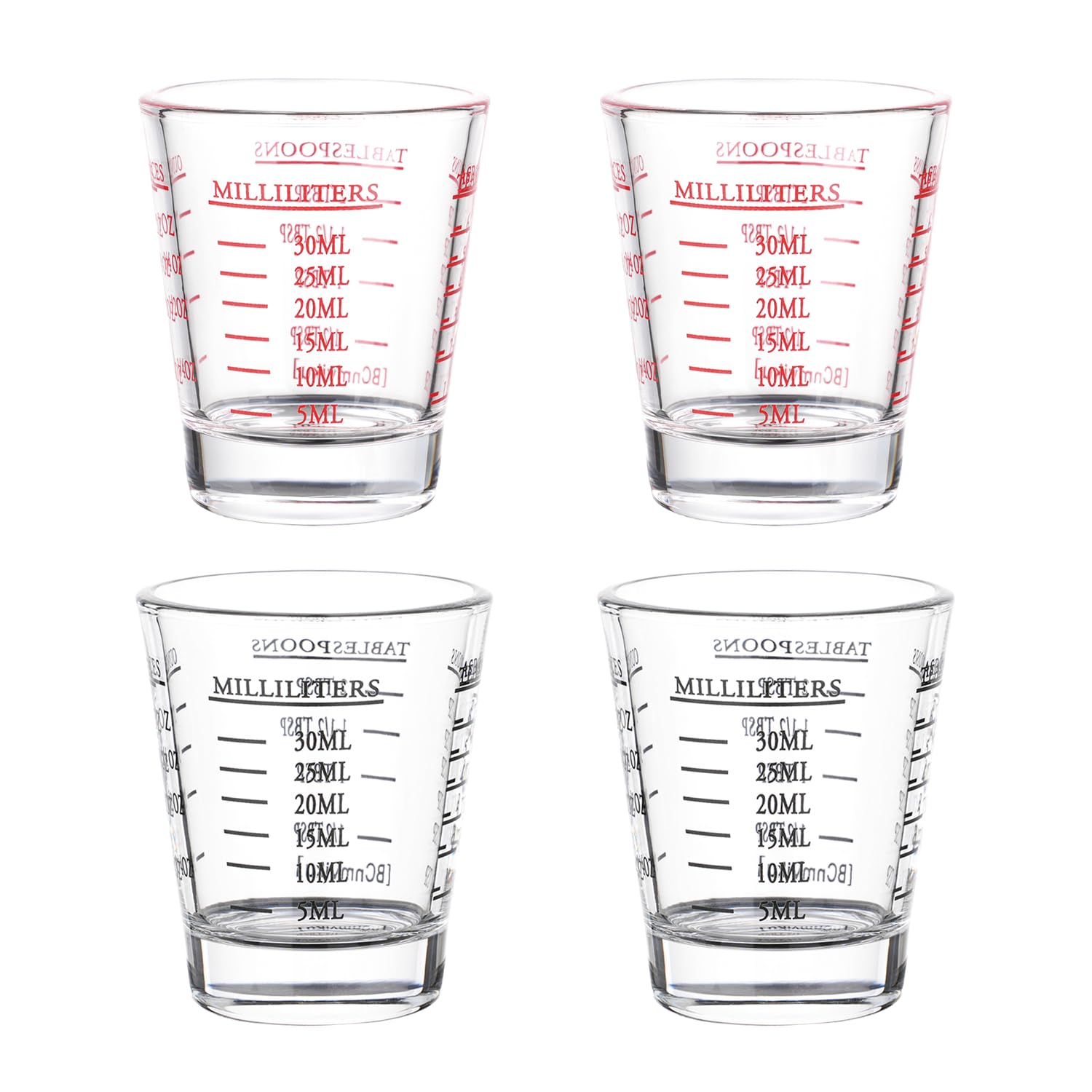 Shot Glasses Measuring cup Espresso Shot Glass Liquid Heavy Glass Wine Glass 26-Incremental Measurement 1oz, 6 Tsp, 2 Tbs, 30ml By BCnmviku (2 pack-Black + 2 pack-Red)