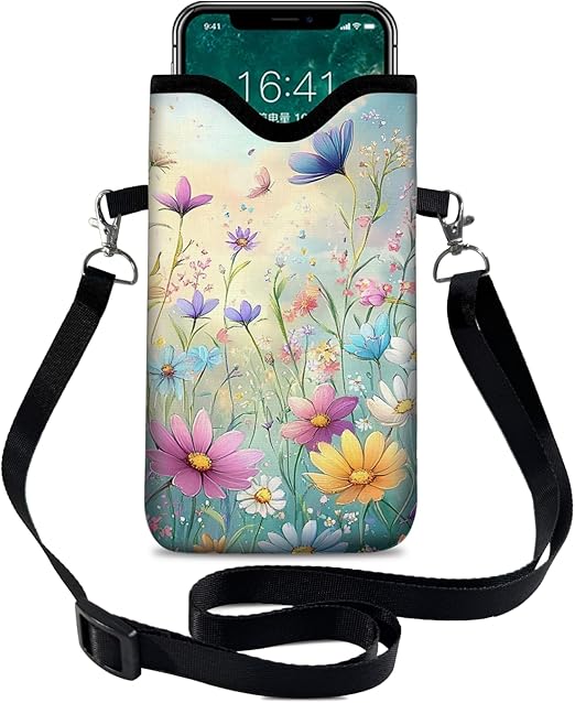 Neoprene Cell Phone Sleeve Pouch Case Bag with Crossbody Strap Neck Lanyard for Women 7.1 X 3.9 in Colorful Flowers