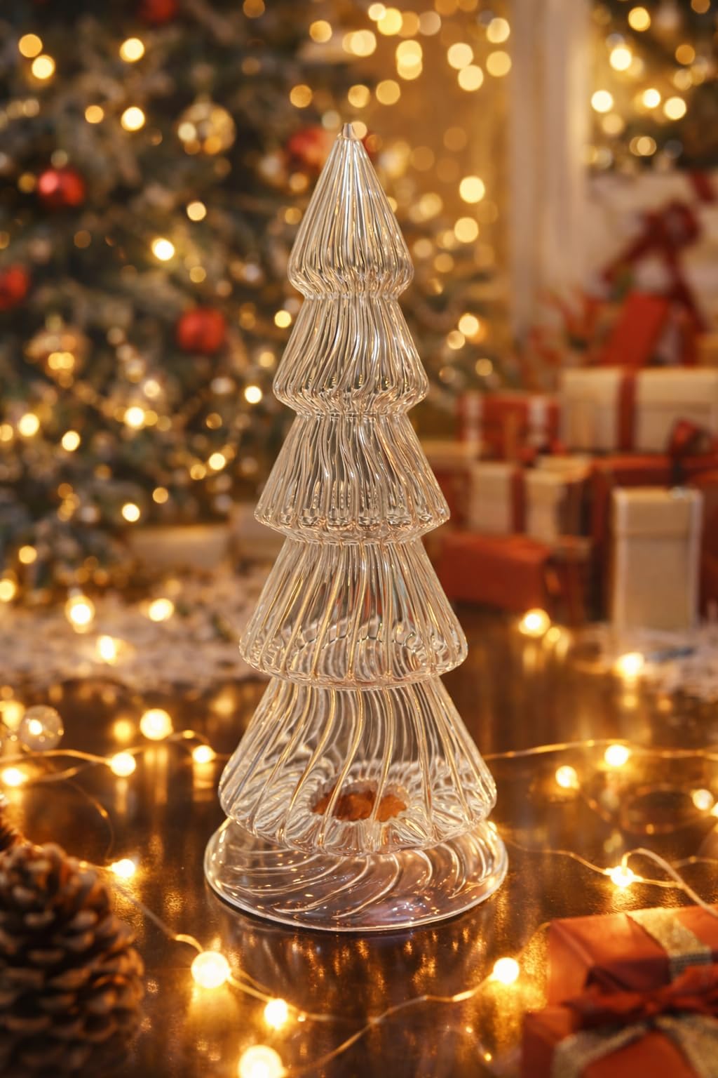 Clear Glass Decorative Christmas Tree Showpiece | Elegant Ribbed Glass Tabletop Decor for Home, Living Room, Bedroom, Office & Festive Decoration (8 Inches)-image-30