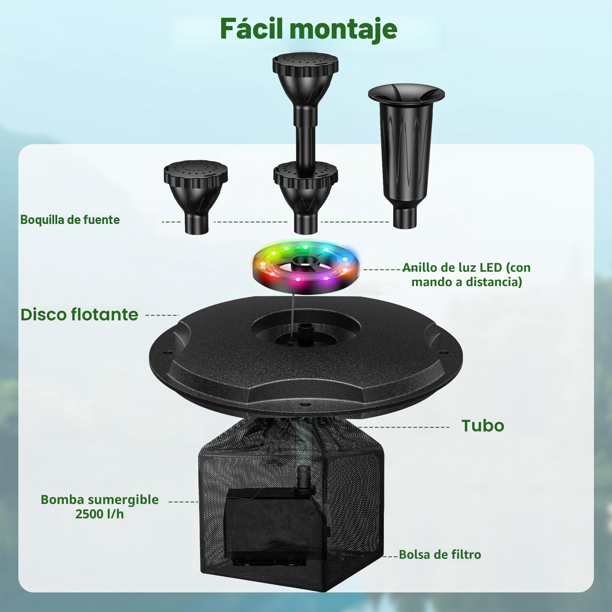 Biling Fuente flotante con luces LED para estanques de jardín grande, fuente de estanque con bomba de 2500 l/h, cable de 9 m con enchufe UE, juego de agua con 3 modos de fuente (resistente a las