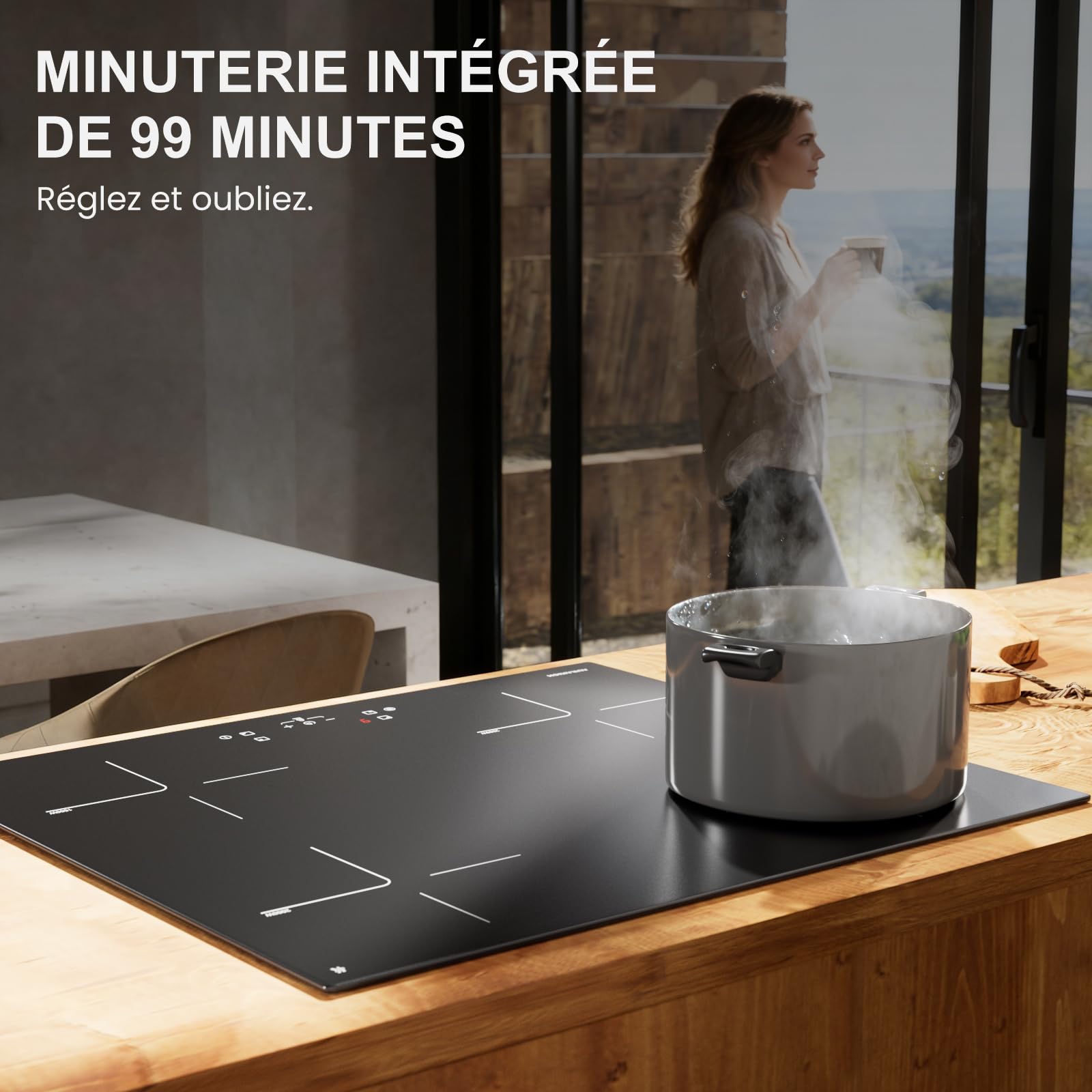 Plaque Induction 4 Feux 7000W 60cm Encastrable Verre Anti-Rayures avec Grattoir Minuterie 2 Boosters Sécurité Enfant