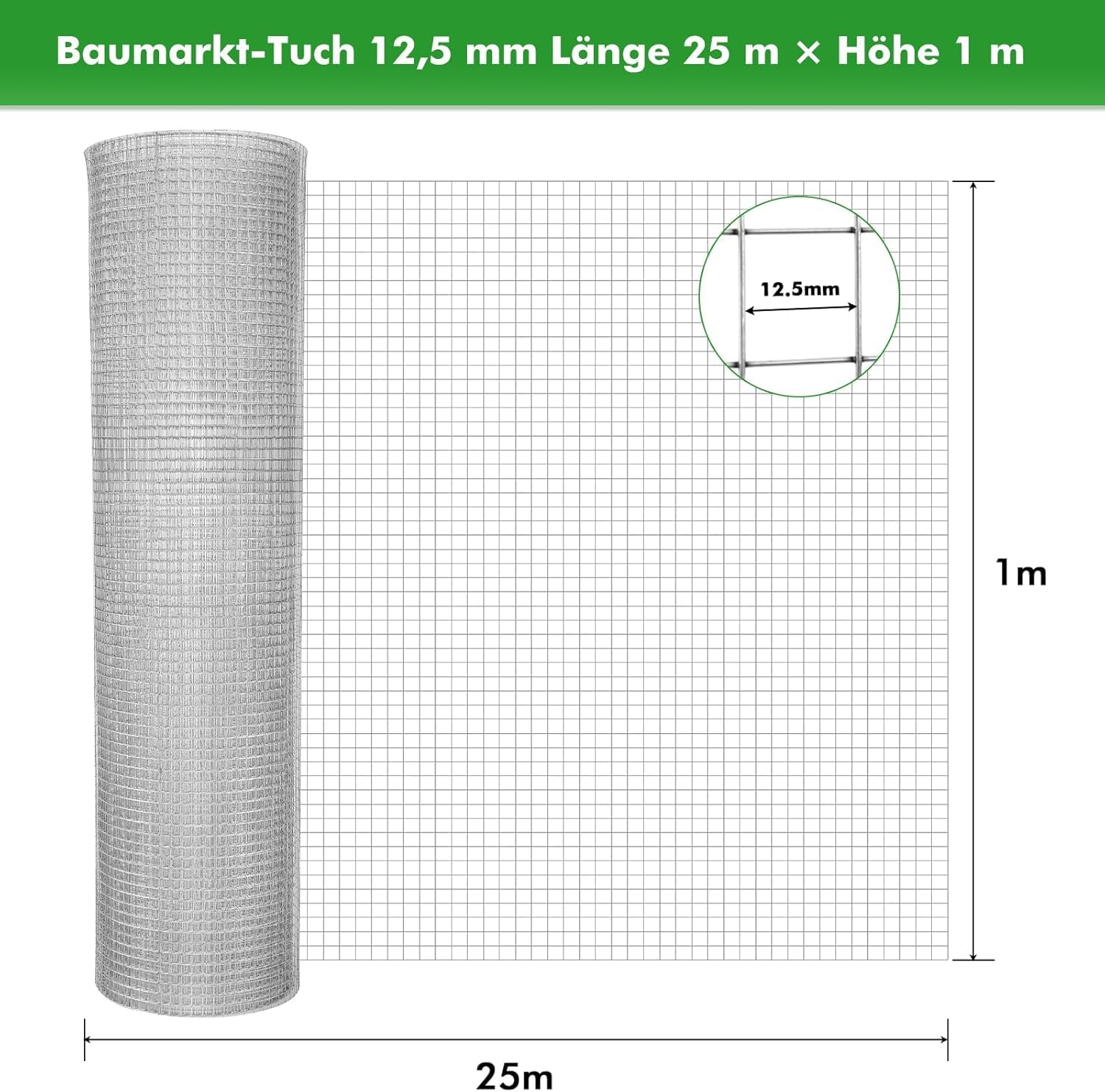 Drahtgitter Feinmaschig, 1m x 25m Wühlmausgitter für Hochbeet, Verzinkter Draht 0,7mm Dicke, Maschenweite 12x12mm, Hasendraht Volierendraht Kaninchendraht Hühnerdraht Garten