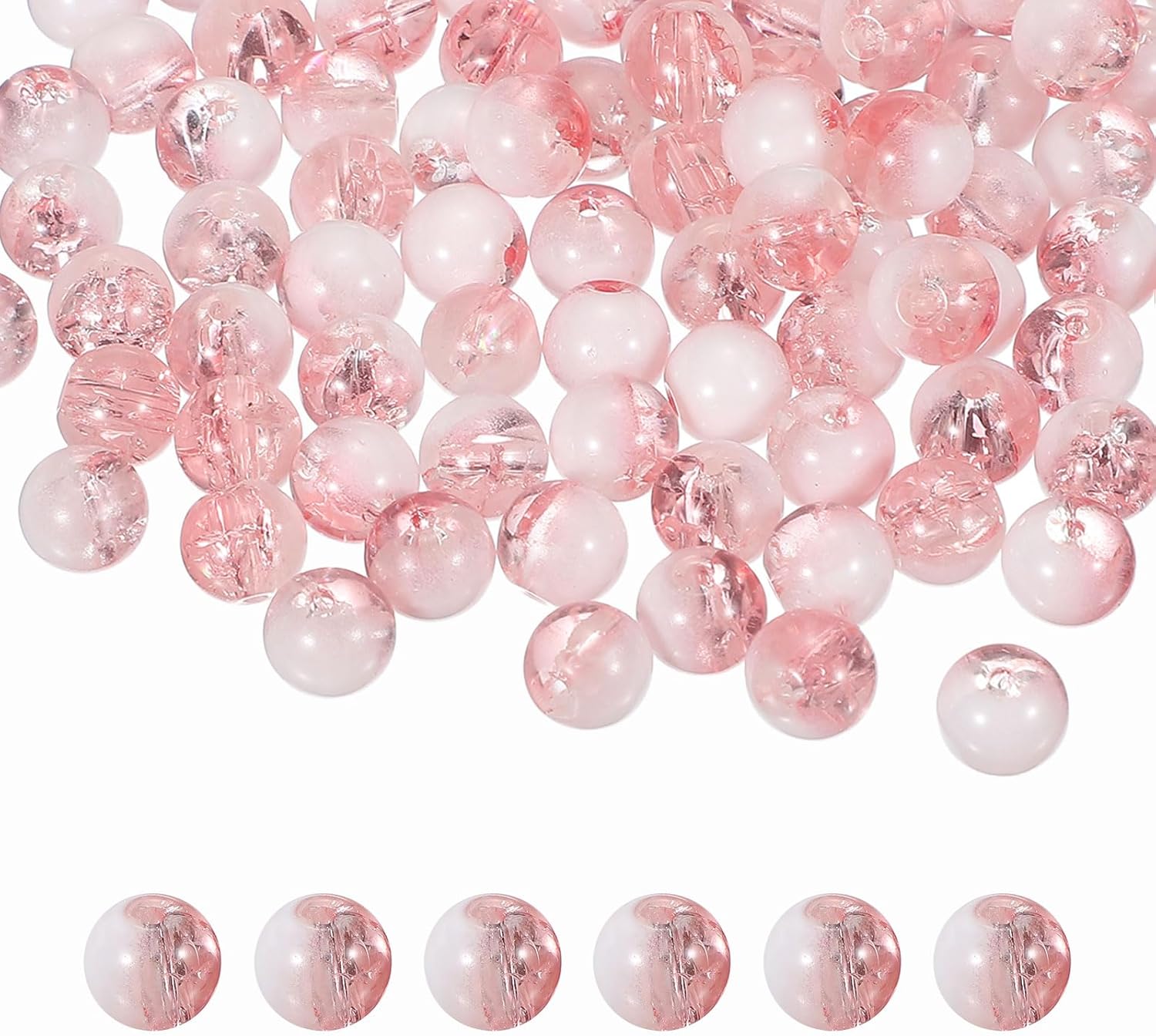 uxcell 100 Pcs 10mm Crackle Glass Beads for Jewelry Making, Crystal Glass Round Spacer Beads Bulk Loose Beads for DIY Craft Earring Necklace Bracelet Jewelry, Pink