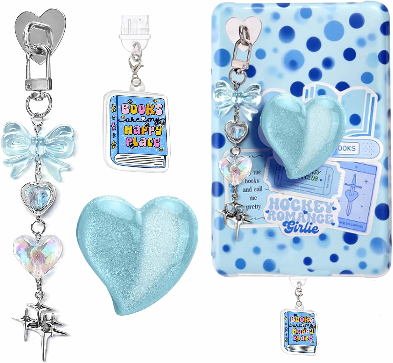 Books Theme Charms Set for Kindle,Including Dust Plug Charm Type C/USB C,Heart Grip Holder, Bow Keychain Accessories,Compatible for Kindle Paperwhite 11th 12th Generation