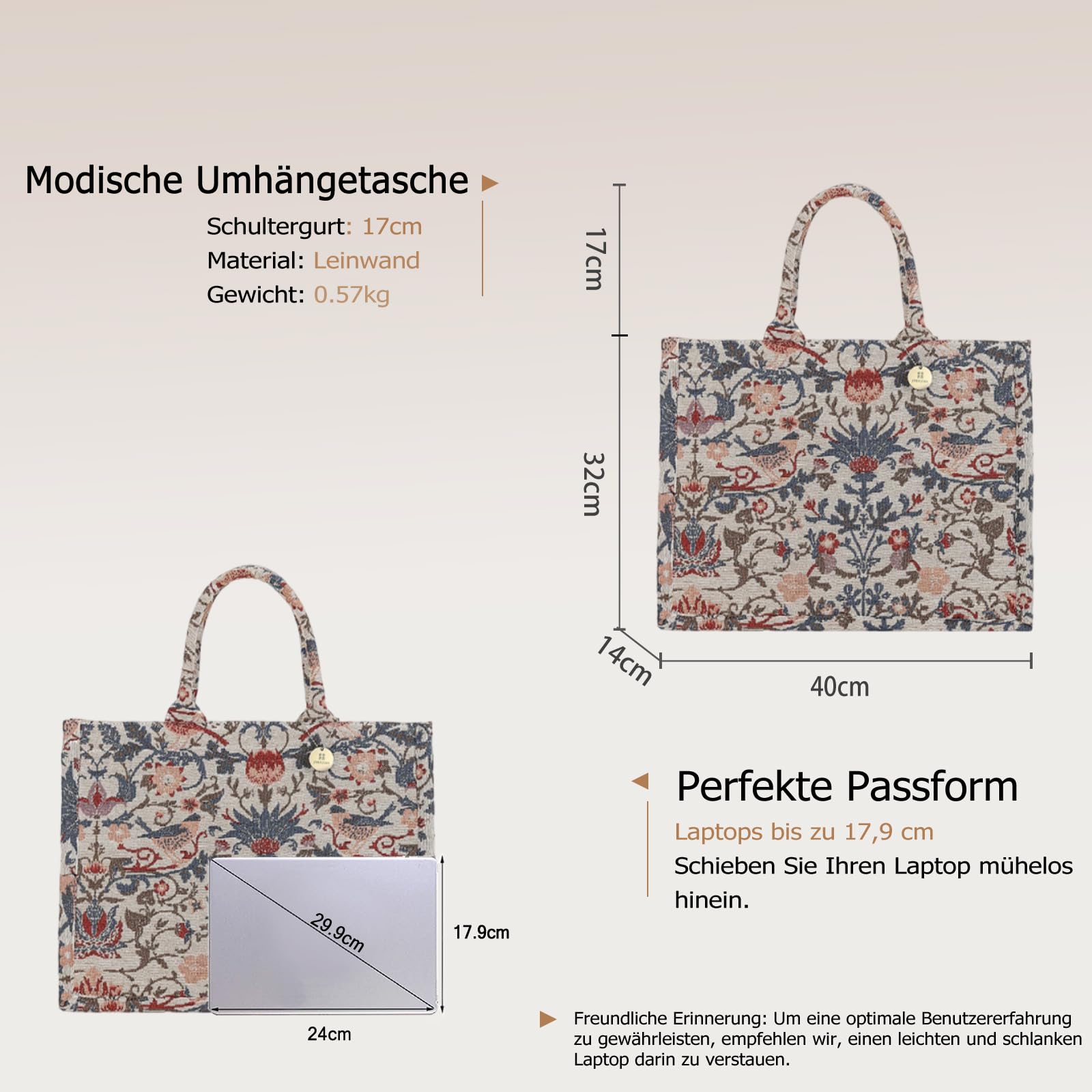 CORIOS Damen Laptoptasche Aktentasche mit Ethnischen Druckmustern Böhmische Schultertasche Canvas Tote Handtasche Sommer Strand Tasche Mode Henkeltaschen für Urlaub Reise Strand Shopper Beige