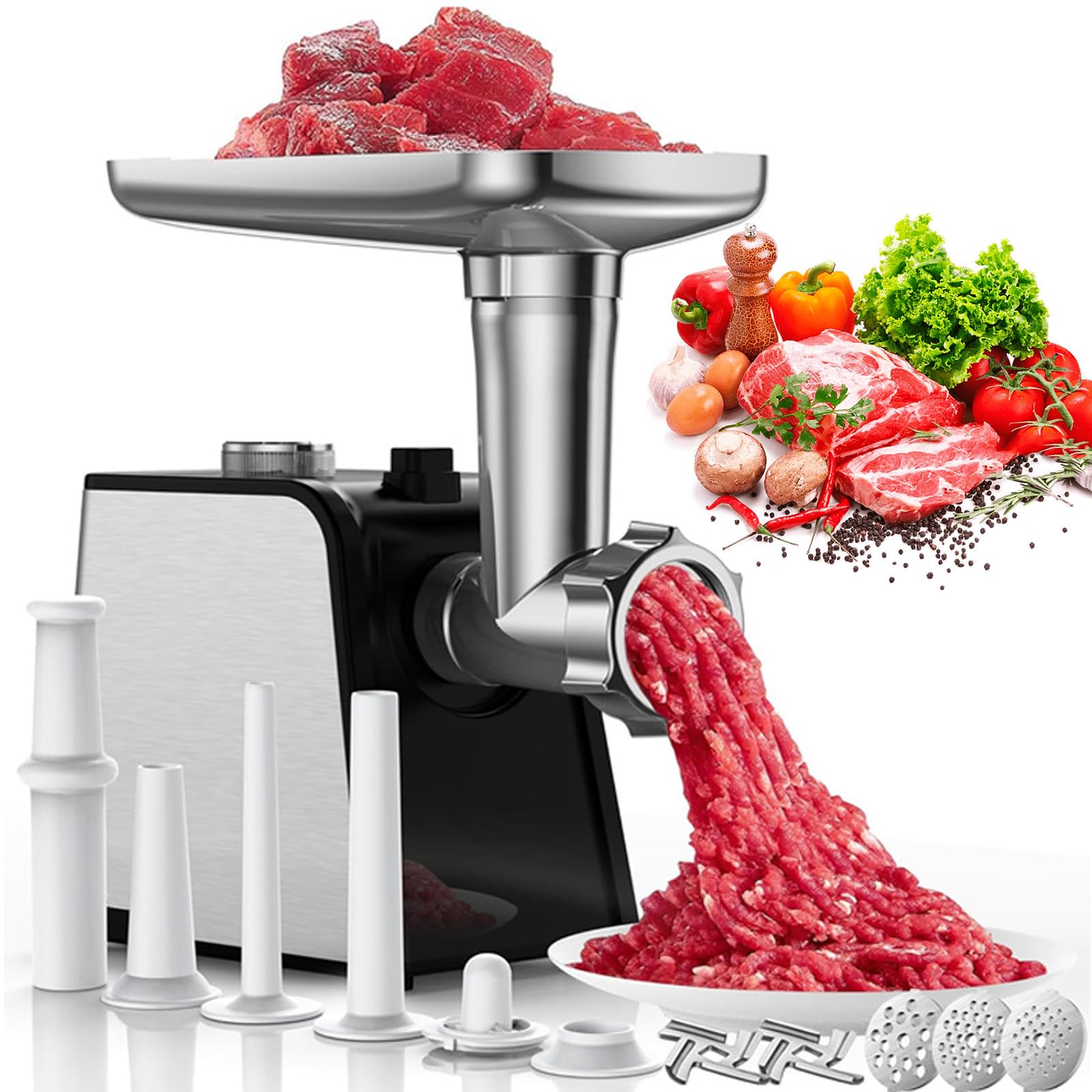 3 en 1 Picadora de Carne Eléctrica, Maquina de Picar Carne con 2 Cuchillas de Acero Inoxidable, 3 Placas de Molienda y Accesorio para Embutir Salchichas Kubbe, para Carne Picada, Salchichas