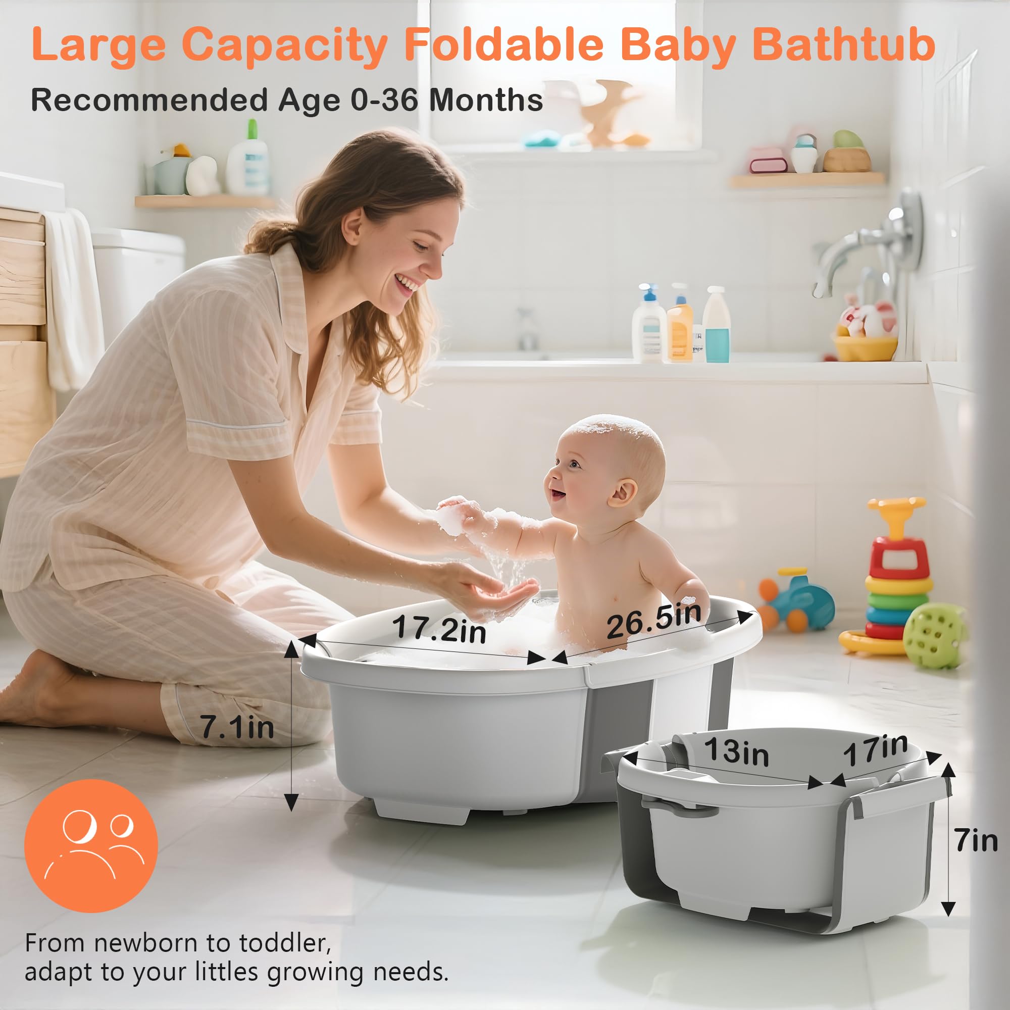 Bañera plegable para bebé, bañera grande con termómetro y cojín, bañera portátil de viaje para recién nacidos, bañera plegable para bebés de 0 a 36 meses (gris)