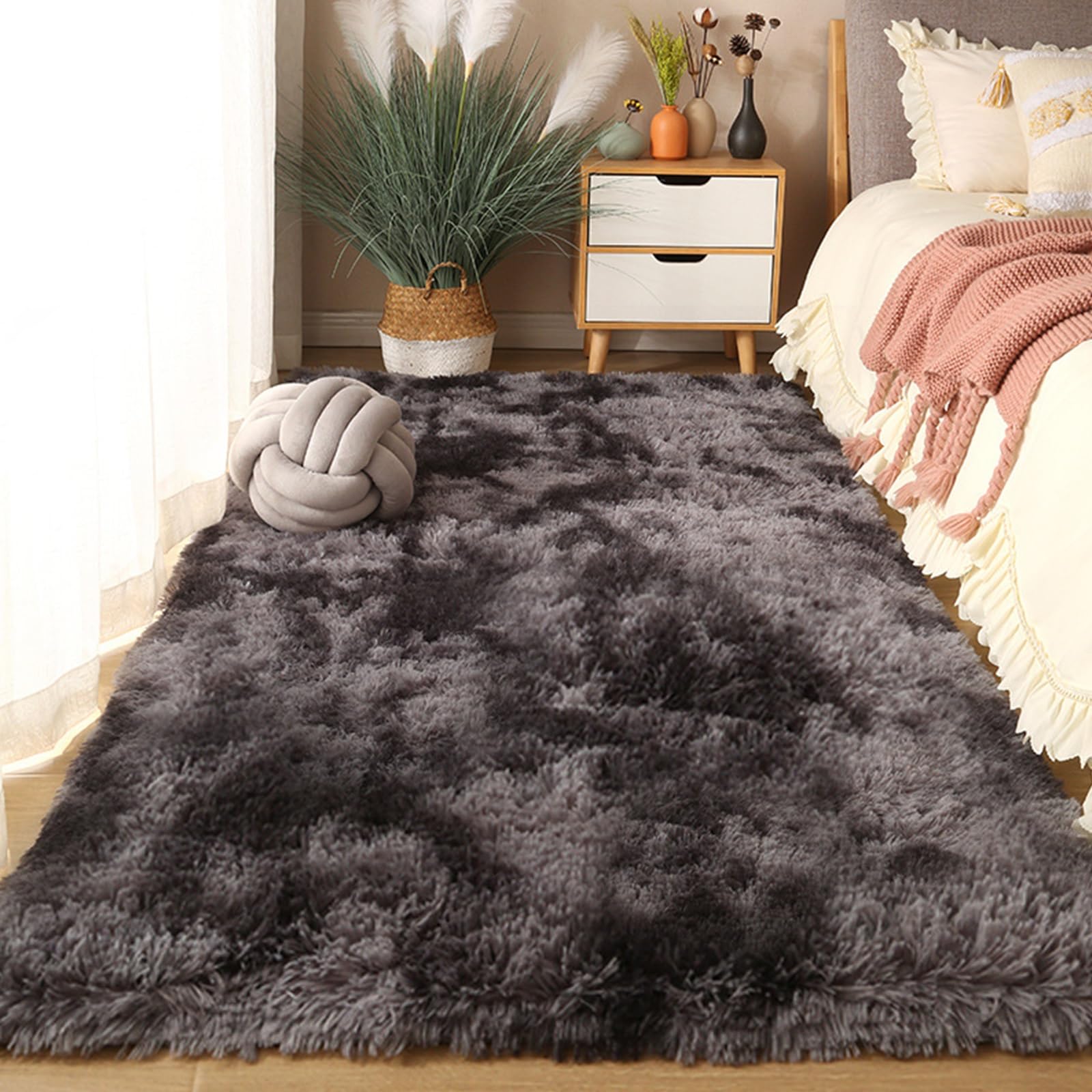 Tapis de salon à poils longs gris foncé 130x300 cm lavable et moderne