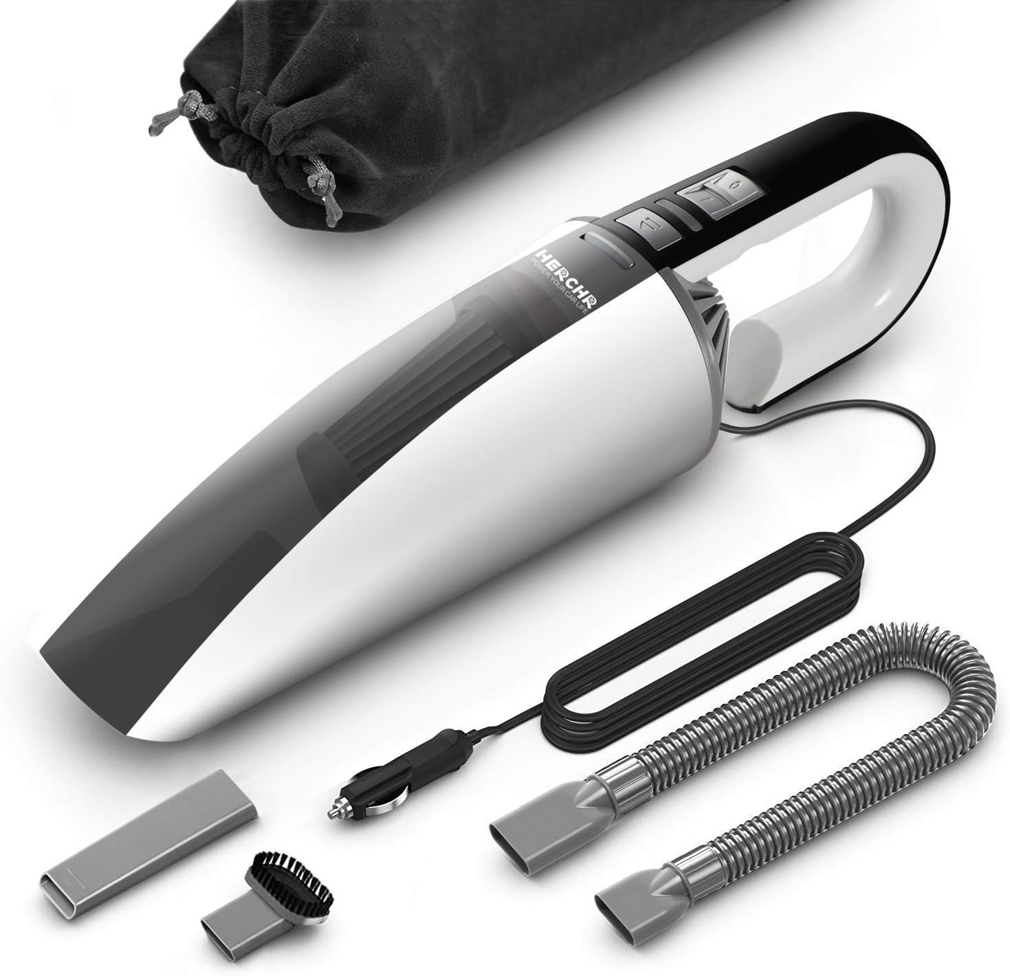 Car Vacuum Cleaner High Power 4500Pa Strong Suction, HERCHR DC 12V 96W Portable Light-Weight Handheld Automotive Wet-Dry Vacuums for Car, 16.4ft Power Cord, Carry Bag, White (white-02)