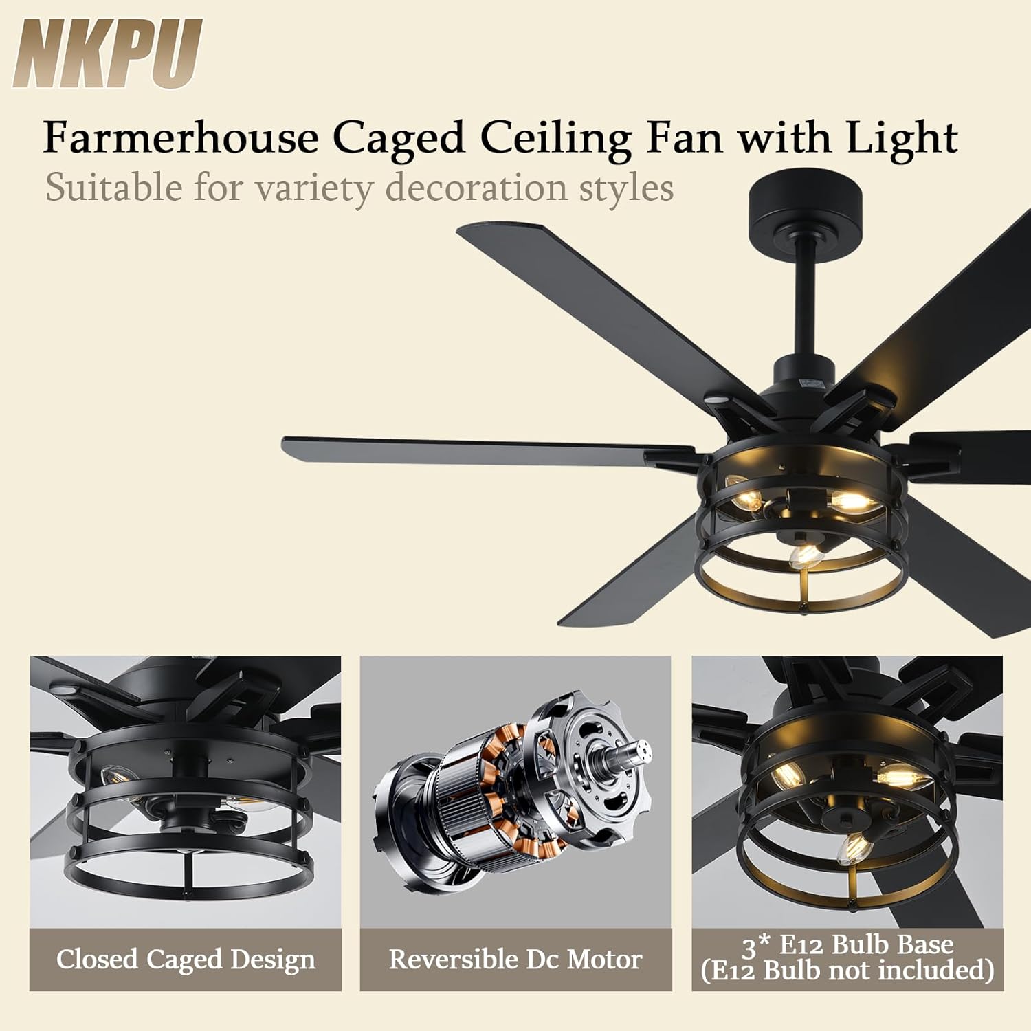 52 Inch Farmhouse Ceiling Fan with Light and Remote, Black Industrial Caged Rustic Ceiling Fan with 6 Speed Reversible Motor and Dual Finish 6 Blades, Rustic Ceiling Fan for Living