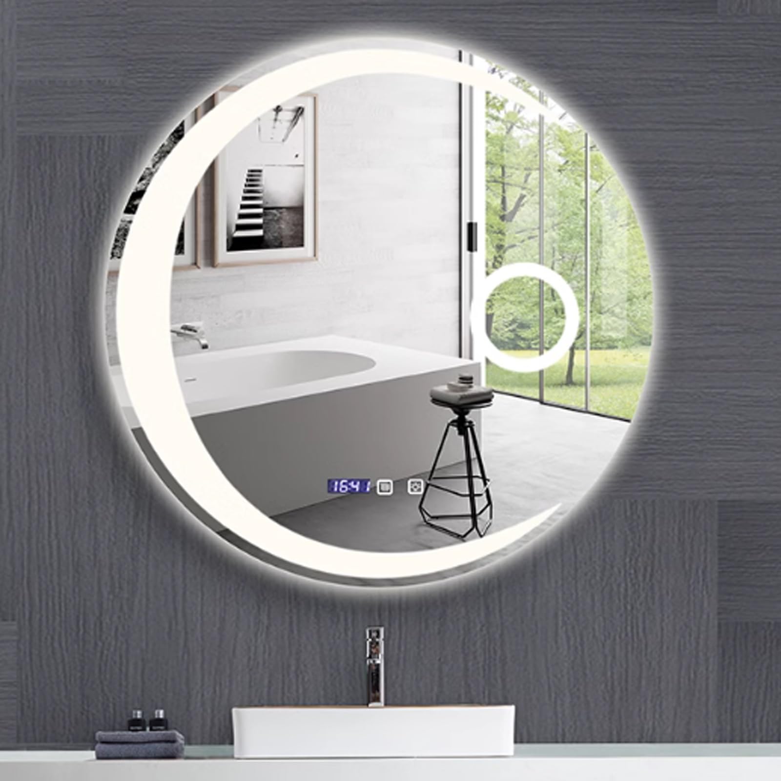 Miroir de salle de bain intelligent qui élimine la buée et affiche l'heure en direct