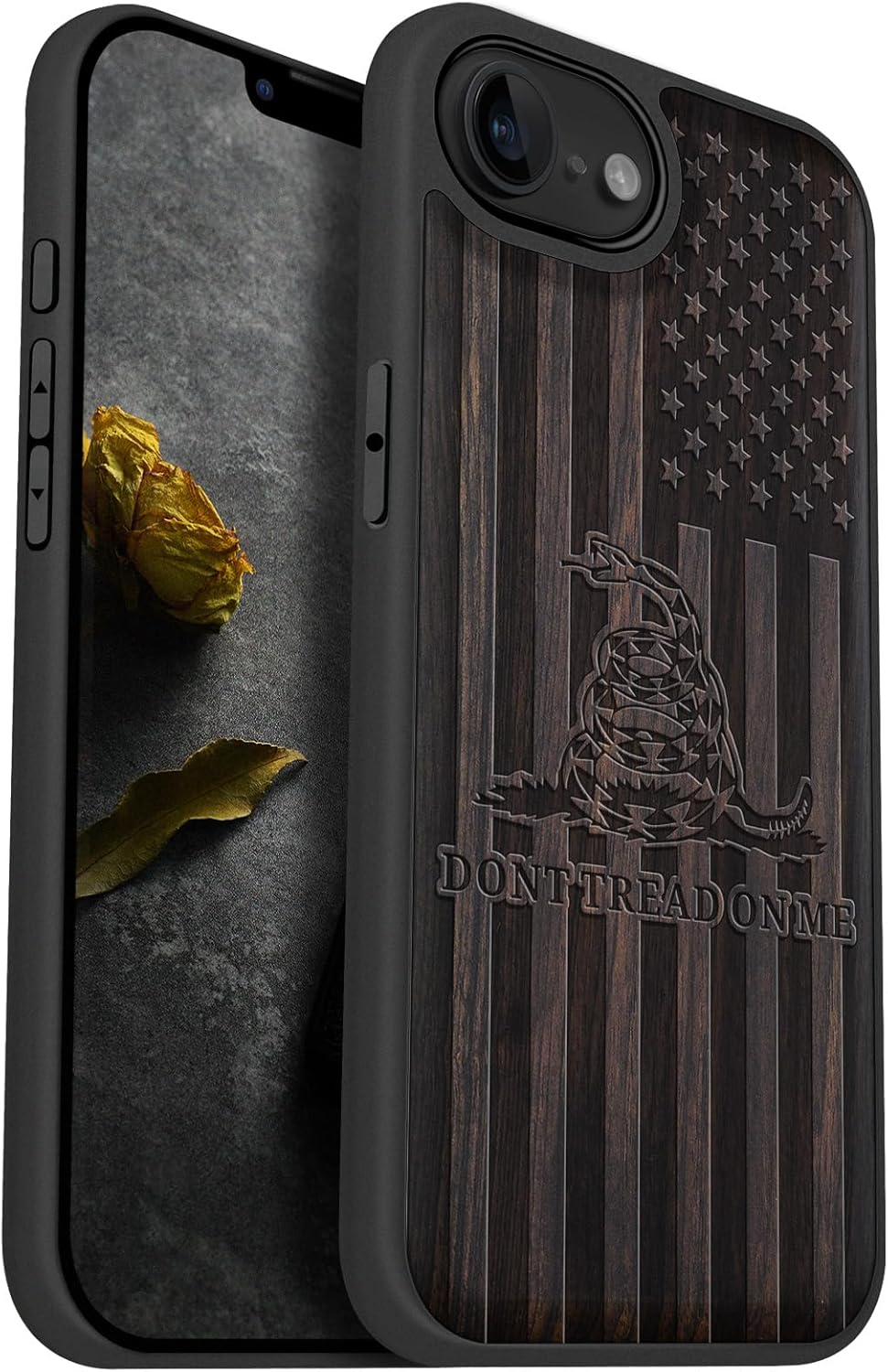 Carveit Magnetic Wooden Case for iPhone 16e 2025, Solid Wood & TPU, Artisan Engraved Design, Shockproof Cover, Compatible with MagSafe Wireless Chargers, Gadsden and American Flag - Blackwood