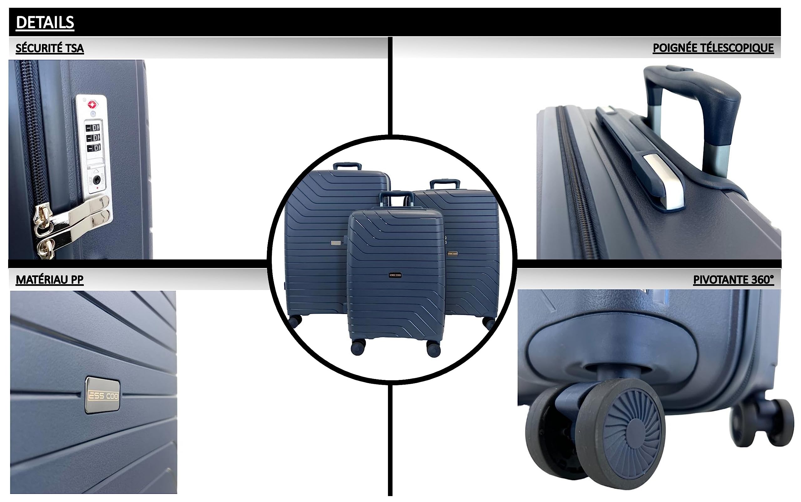 Set de 3 Valises/Bagages Rigides incassable en Polypropylène (PP) à 4 roulettes pivotantes avec Serrure TSA intégré (Bleu Marine, Set de 3)