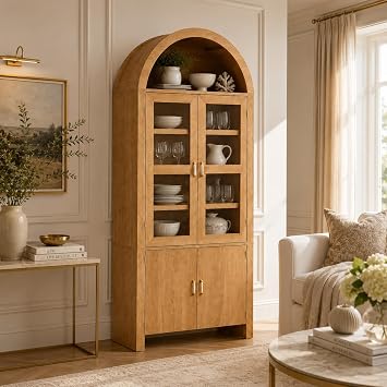71" Tall Arched Kitchen Pantry, Modern Farmhouse Wood Kitchens Storage Cabinets with Glass Door, Versatile Cupboard for Dining Room, Kitchen, Natural Oak
