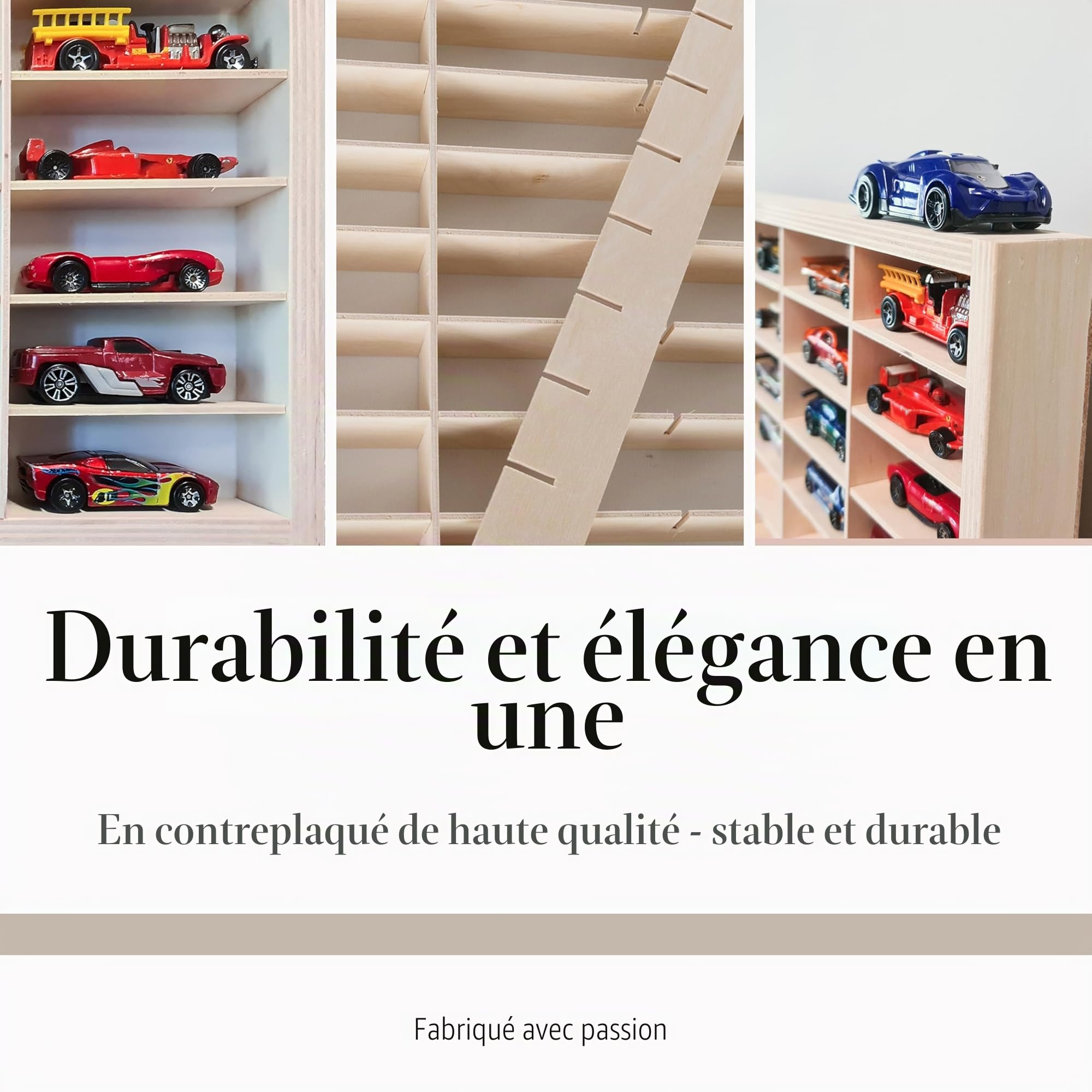 KRUZZEL - Étagère en bois pour voitures jouets 80 compartiments - Étagère murale pour chambre d'enfant - Empilable et réglable - Vitrine collector en bois - Boîte de présentation en bois pour votre