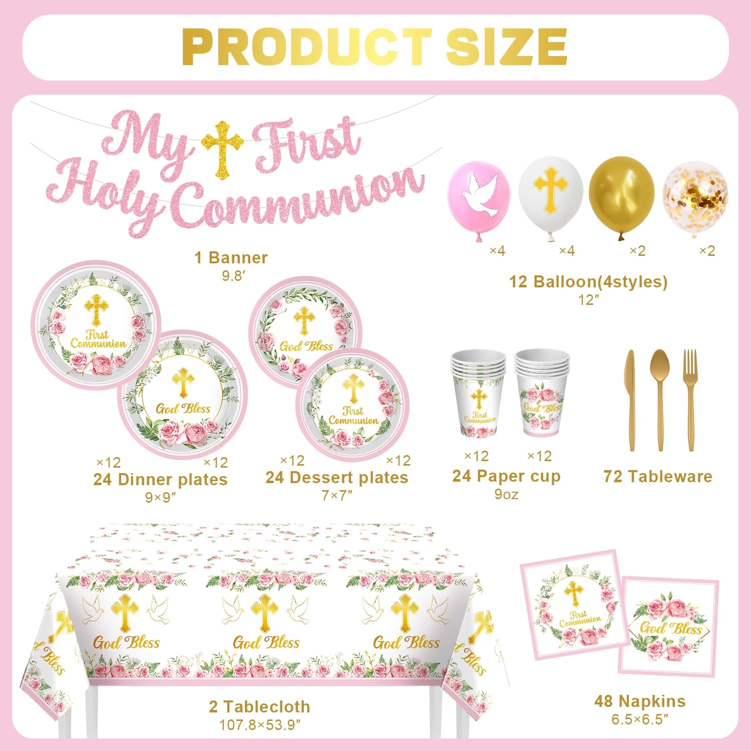 First Communion Decorations for Girls, 205pcs First Holy Communion Party Tableware Serves 24, First Communion Plates and Napkins, Cup, Tablecloth, Banner, Balloon, God Bless Baptism Decorations