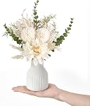 Mkono Small Artificial Flowers in Ceramic Vase 13.5" Centerpieces Coffee Table Decor, Silk Flower Arrangements for Home Decor Indoor Fake Flower Bouquet for Dining Room Kitchen Wedding, White