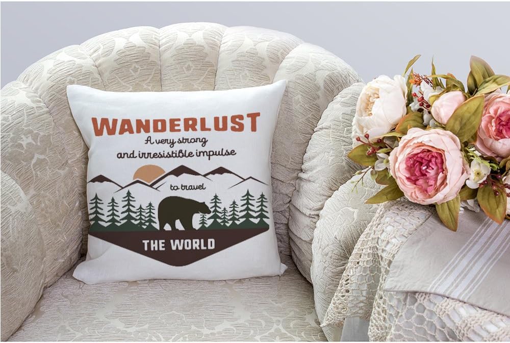 HGOD DESIGNS Wanderlus Pillow Covers,Decorative Throw Pillow Adventure Quotes Travel The World with Mountain Explorer and Bear Pillow Cases Cotton Linen Cushion Covers for Home Sofa Couch 18x18 - Image 2