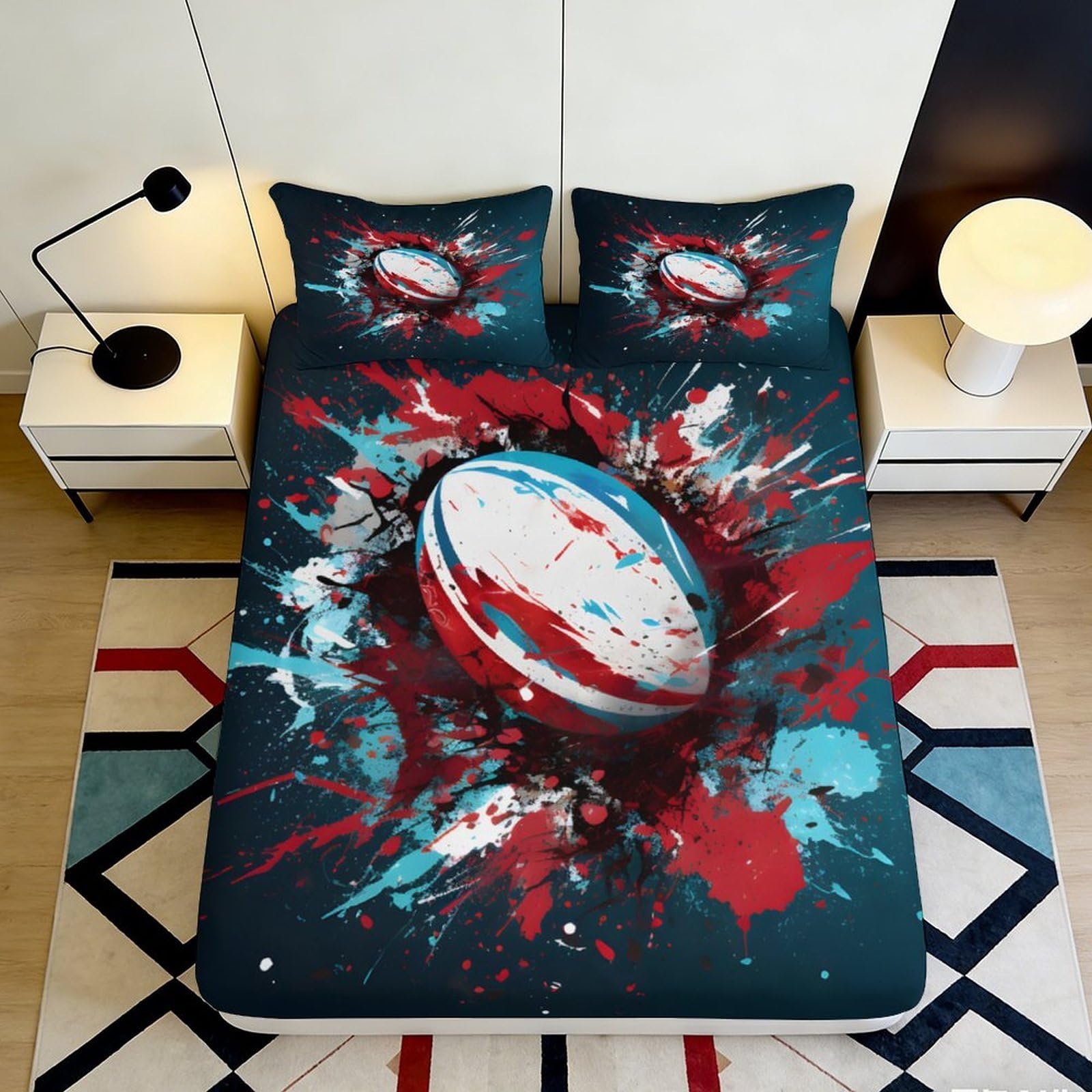 3D Printed Rugby Splash Fitted Sheet Microfiber Soft Breathable Abstract Ball Mattress Cover for Bedroom Dorm Decor 90x200x25cm