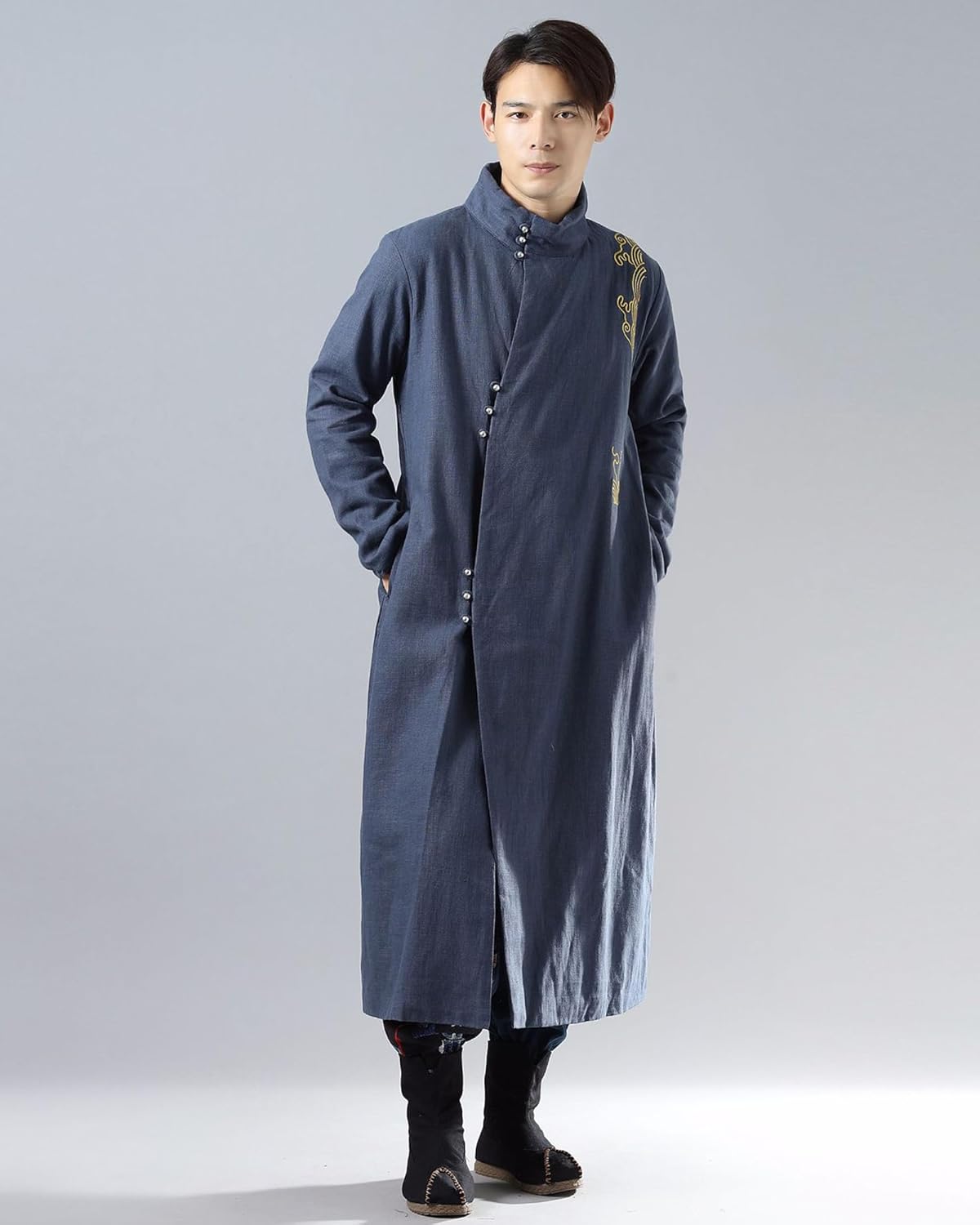 LZJN Men's Autumn Winter Long Jacket Linen Shu Velveteen Warm Coat Traditional Chinese