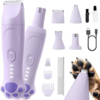 Dog Paw Trimmer - 4-in-1 Dog Clippers Grooming Kit with Low Noise & IPX7 Waterproof Design Includes Comb Paw Trimmer Nail Grinder - Rechargeable & Cordless Pet-Friendly Clipper (Purple)