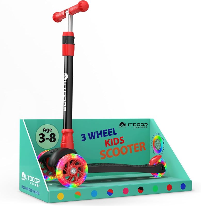 Patinete para niños Outdoor Cruiser de 3 ruedas, con tecnología Lean-to-Steer, rueda con luz LED, mango de barra en T de altura ajustable de 4 niveles, soporta niños de hasta 150 libras, para niños y niñas de 3 a 8 años, negro y rojo