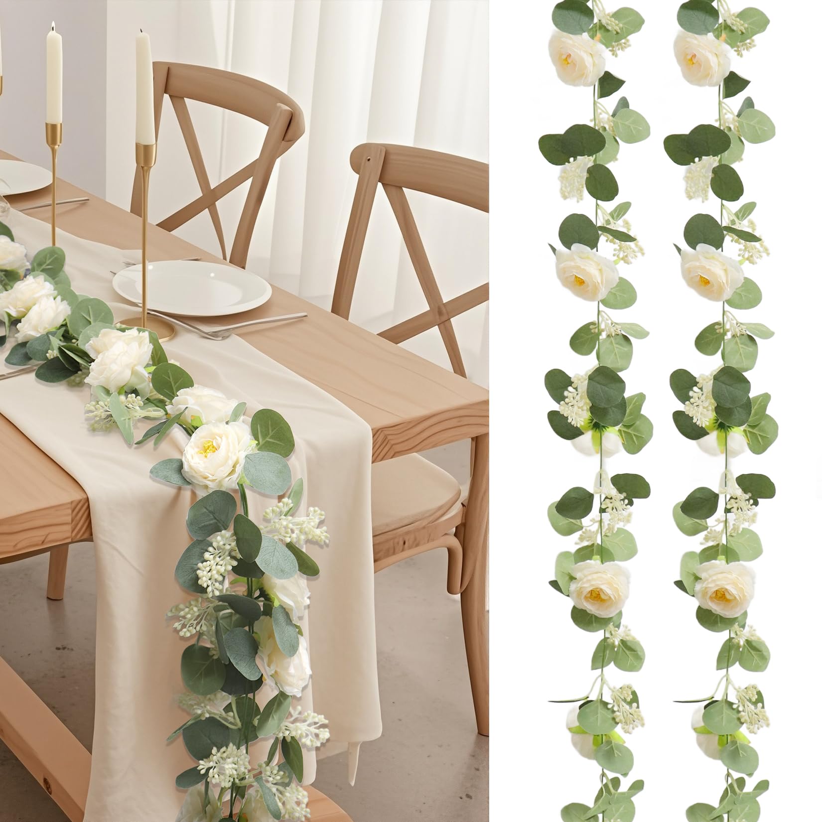 2Pcs 6.6Ft Artificial Eucalyptus Flower Garland,Greenery Garland Faux Floral Ivy Vines for Weddings Parties Stairs Door Frame Decorations, Seeded Eucalyptus Leaves Garland for Home (Champagne) — image 1