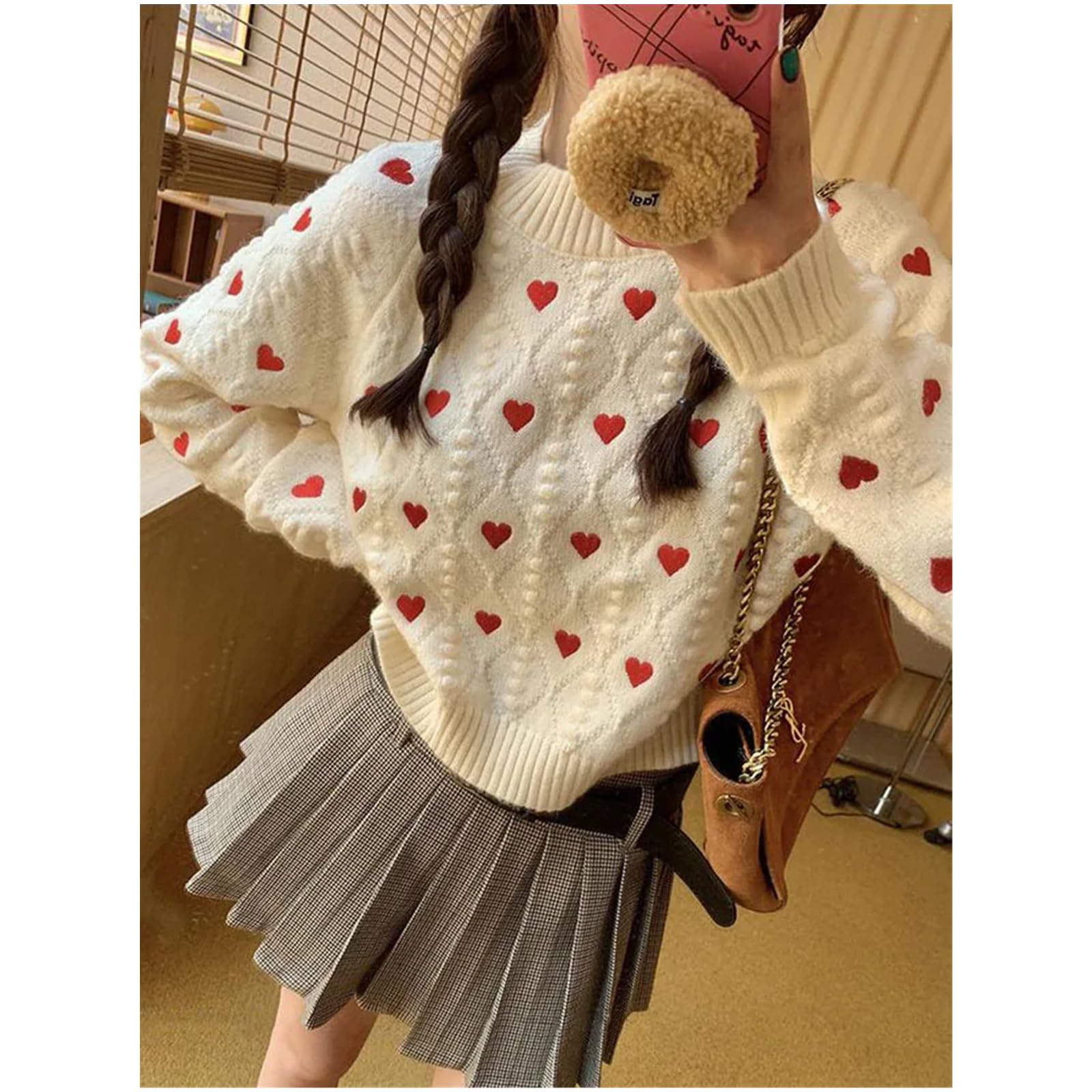 Maglione Donna Le Donne Adorano Il Ricamo A Cuore A Maglia A Maglia per Pullover A Maglia per Pullover A Maglia Vintage A Maniche Lunghe O Scollo Femminile