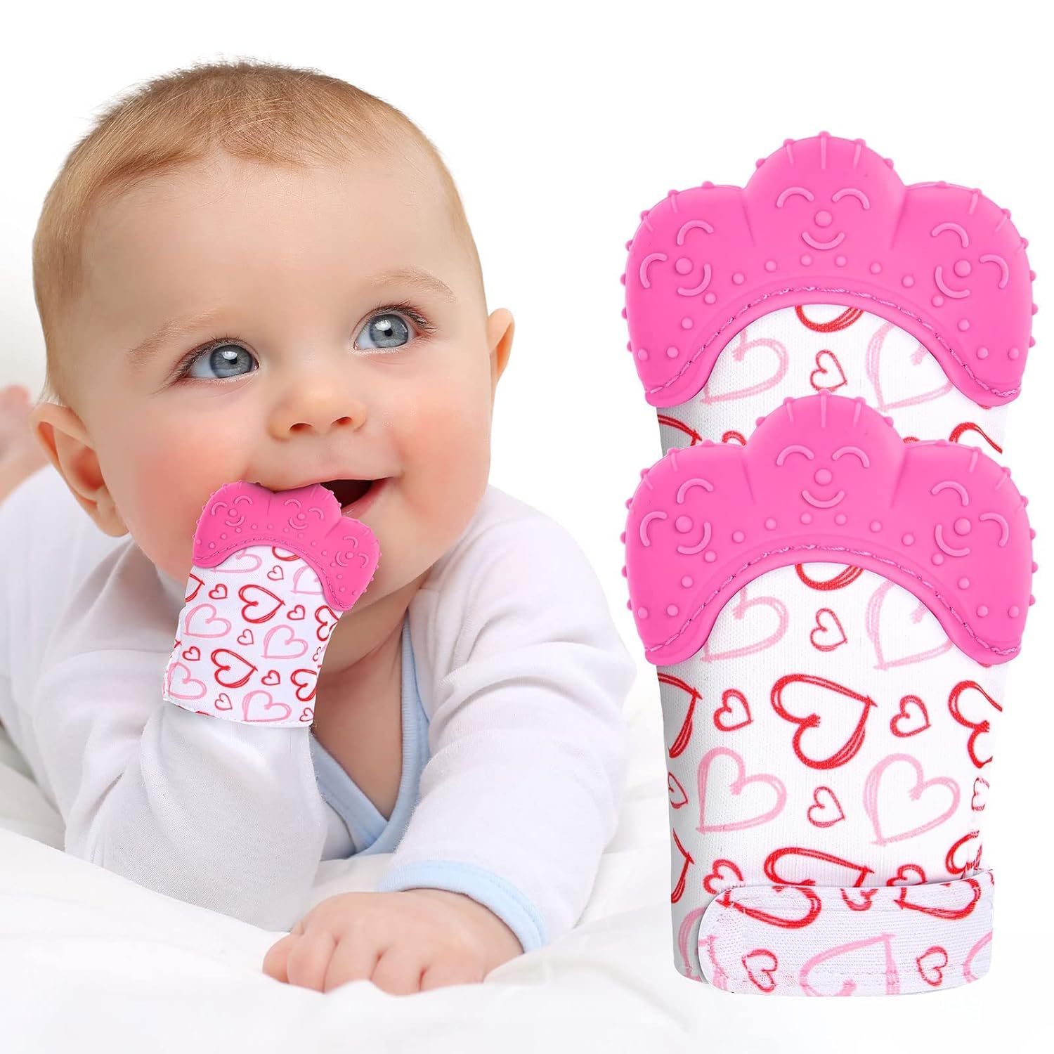 2PCS Silicone Teething Mitt, Soothing Infant Teething Mitten Pain Relief, Prevent