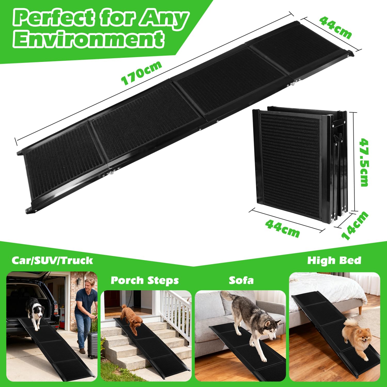 Nobleza - Rampa para Perros para Coche 170 cm, Rampa Plegable Cama para Mascotas de Metal con Alfombra Antideslizante para Perros Menos de 110kg, Escalera para Perros Medianos Grande