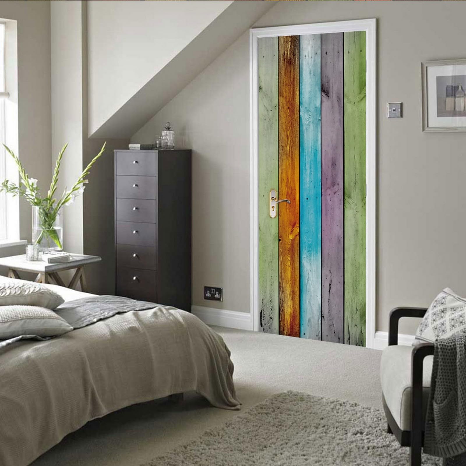 A.Monamour Adesivo Porta Autoadesiva 3D Tavole Colorate Assi Di Legno Sfondo Struttura Di Legno Vinile PVC Adesivi per Porte Interne Pellicola Adesiva Poster Murale Parete Carta da Parati 85x215cm