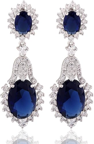 GULICX diseño clásico largo Lujo Circonita Cúbica Ovalada de Piedra Plata Tono Azul Zafiro Color Drop arete