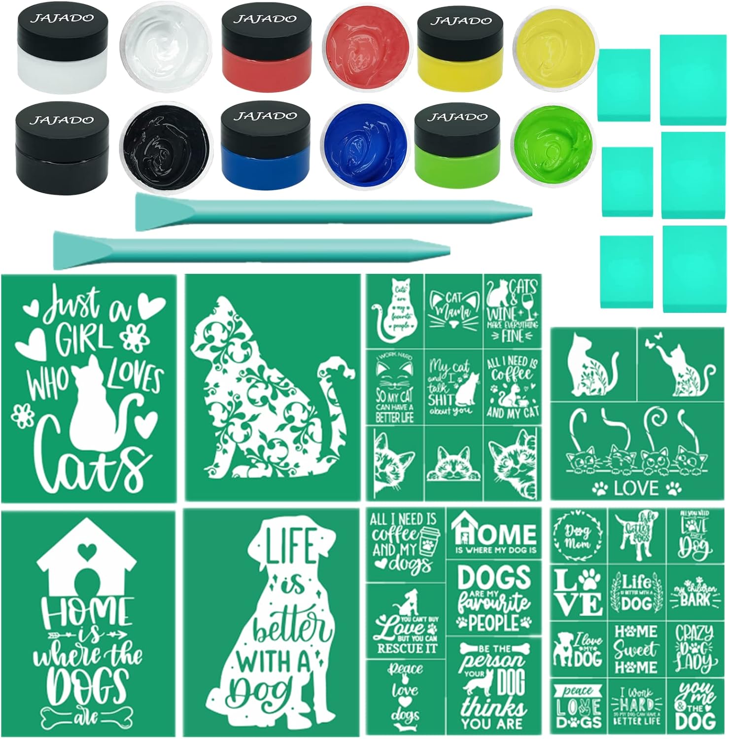 JAJADO Silk Screen Stencils with Sample Chalk Paste Starter Kit 27 Pcs, Reusable Adhesive Stencils Mesh Transfer Sample Chalk Paint for Painting on T-Shirt, Wood, Pet Shop, Dog Home Decor