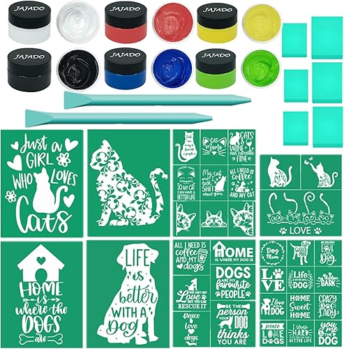 JAJADO Plantillas de pantalla de seda autoadhesivas para mascotas, kits de iniciación de pasta de tiza para mascotas, 22 unidades, transferencia de
