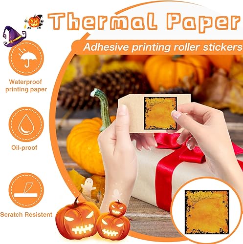 Miniatura 5 de Etiqueta de nombre cuadrada de 2 pulgadas, etiquetas térmicas, etiquetas adhesivas térmicas de otoño, papel de cosecha, hojas de arce, calabazas,