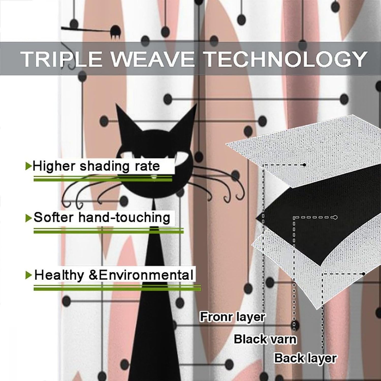 Mid Century Black Cat Curtains Abstract Modern Pink Geometric Pattern Blackout Print Rod Pocket Window Drapes for Bedroom Living Room 52x84in