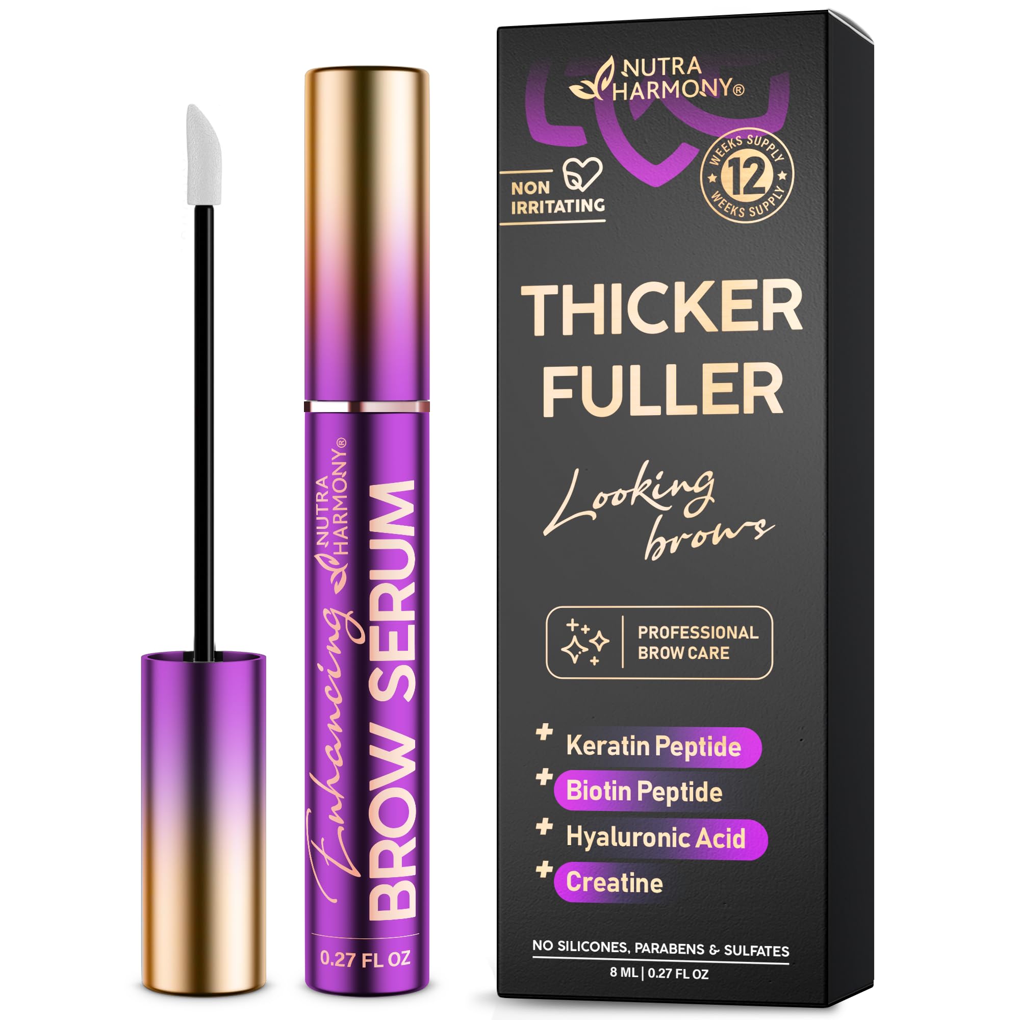 Enhancing Brow Serum for Eyebrow Growth with Keratin & Biotin Peptides, Hyaluronic Acid, Creatine and Castor Oil for Fuller, Thicker Brows, Strength & Nourishment Treatment, Non-Irritating Vegan, 8ml