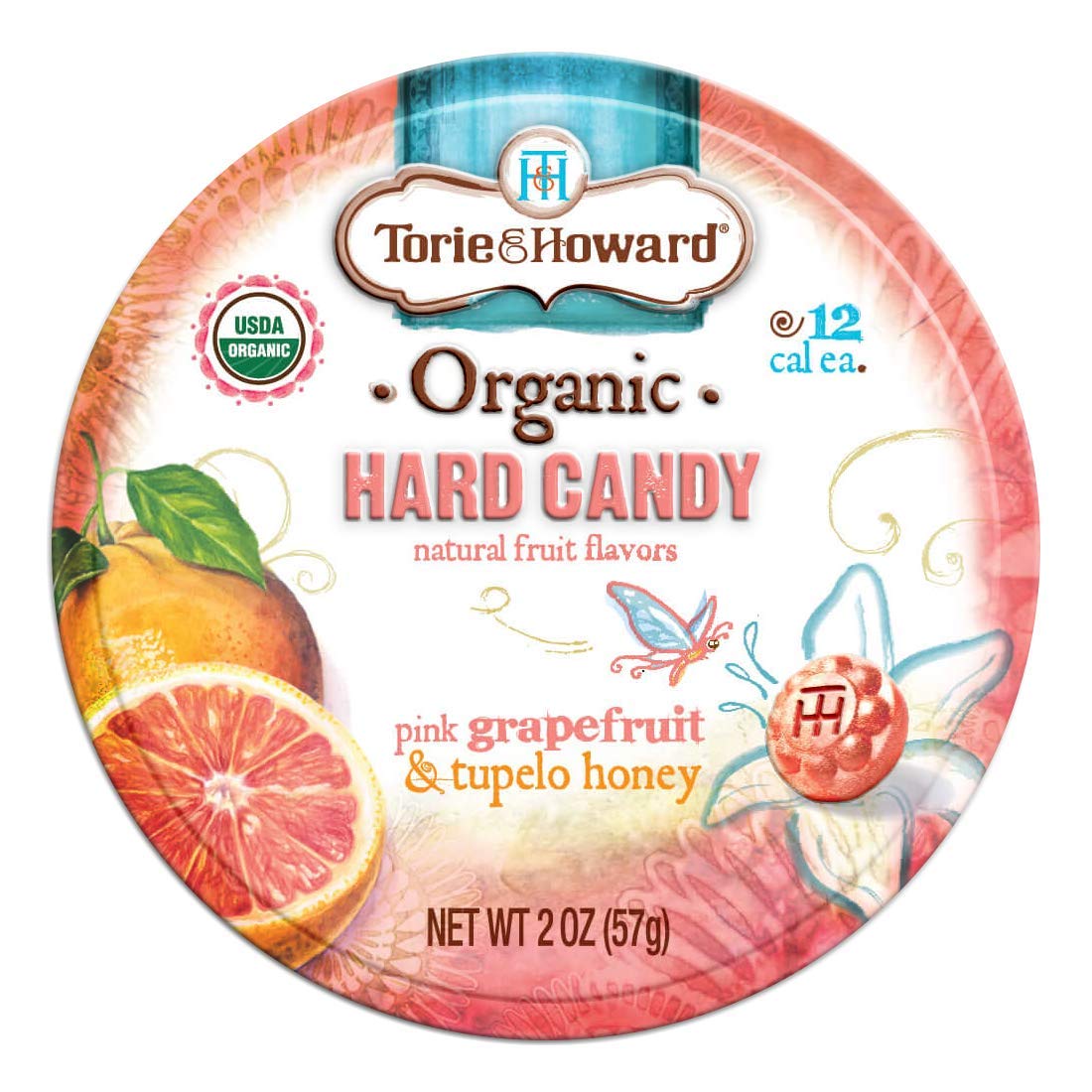Torie and Howard Organic Hard Candy Tin, Pink Grapefruit and Tupelo Honey, 2 Ounce