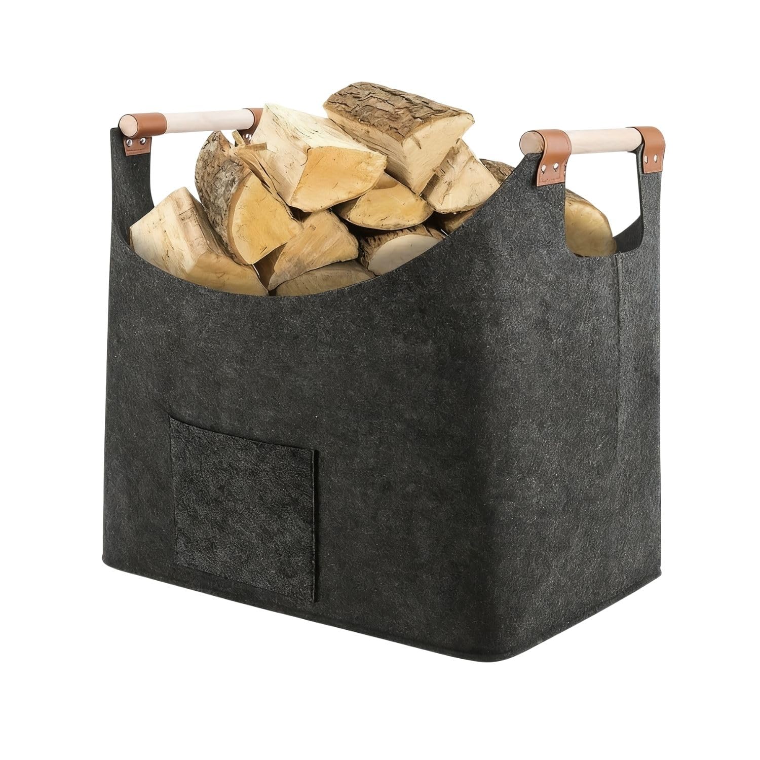 Panier à Bois en Feutre Pliable Gris Foncé avec Poche, Grand pour Intérieur Journaux et Jouets