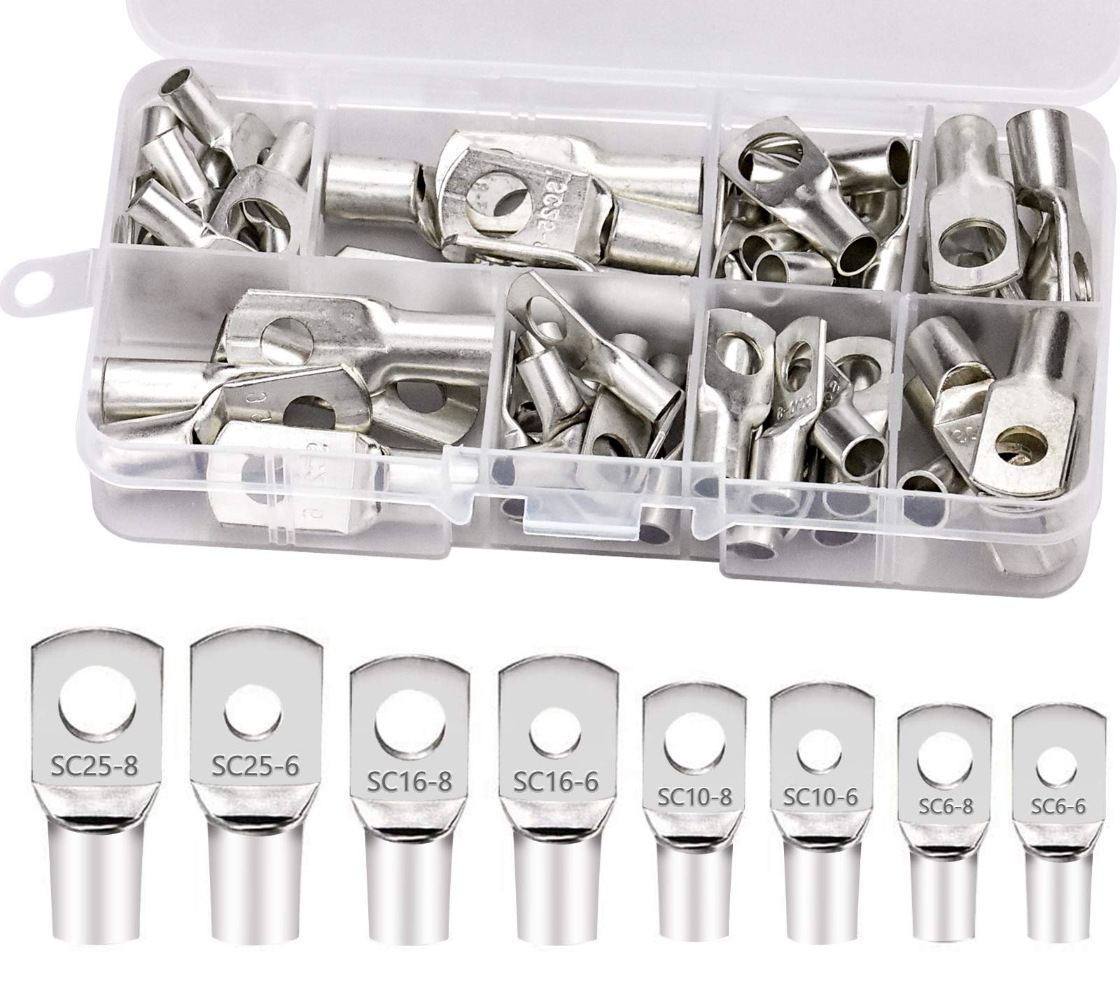 60Pcs Bolt Hole Tinned Copper Terminals Set Heavy Duty Wire Lugs Battery Cable 8 Type Cable lugs Ring Battery SC Terminals Assortment Kit for Marine Automotive Electric