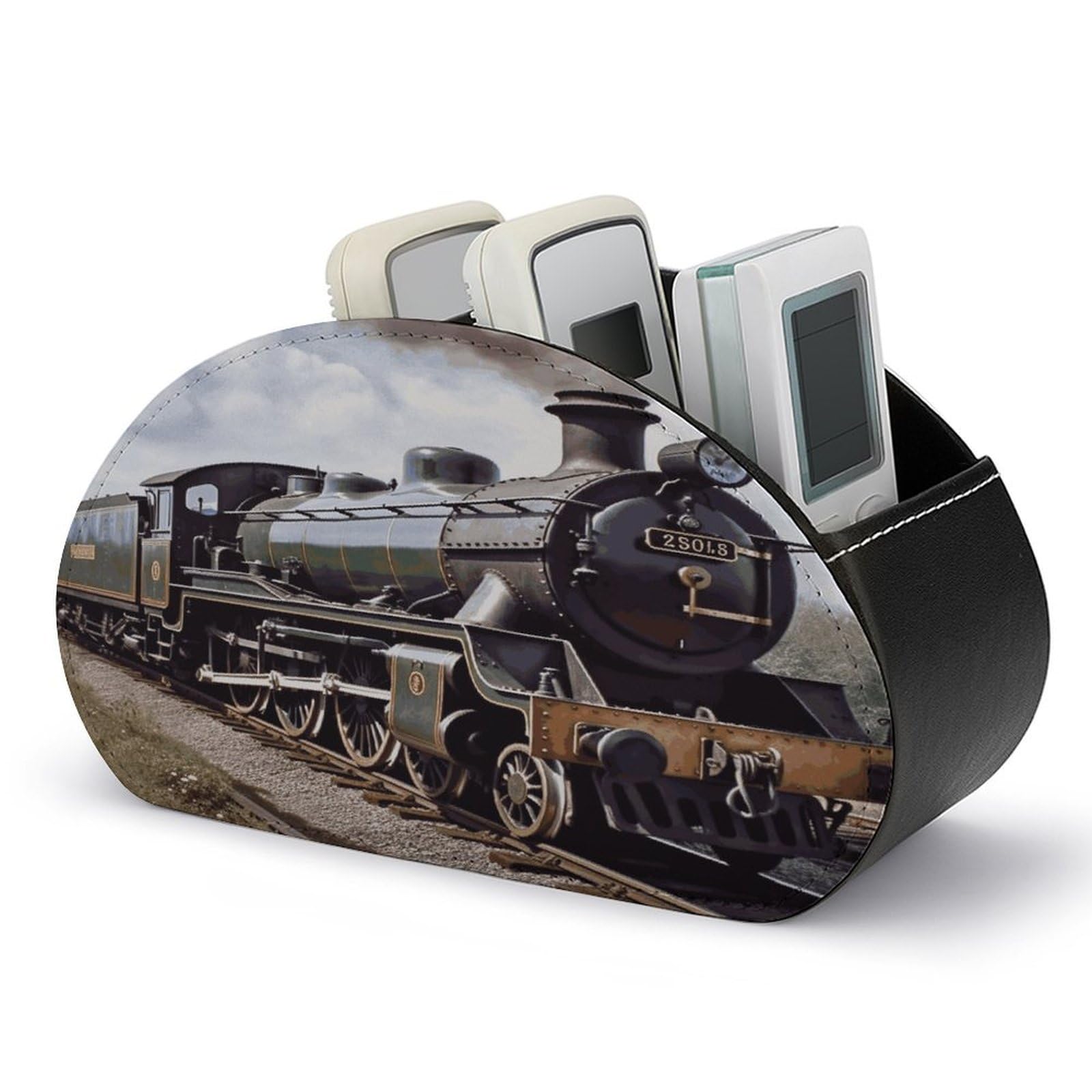 LZQPOEAS Steam Locomotive Train Remote Control Holder with 5 Compartments PU Leather Remote Organizer Box Caddy for Table Nightstand Remote Caddy Desktop Organizer Fits Media Controllers