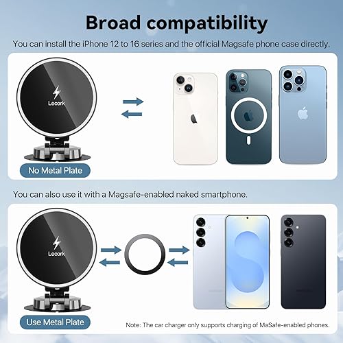 Miniatura 6 de Lecork Magsafe Cargador de montaje de coche, 15 W, cargador de coche con alambre magnético para iPhone 12 13 14 15 16 Series, soporte de teléfono