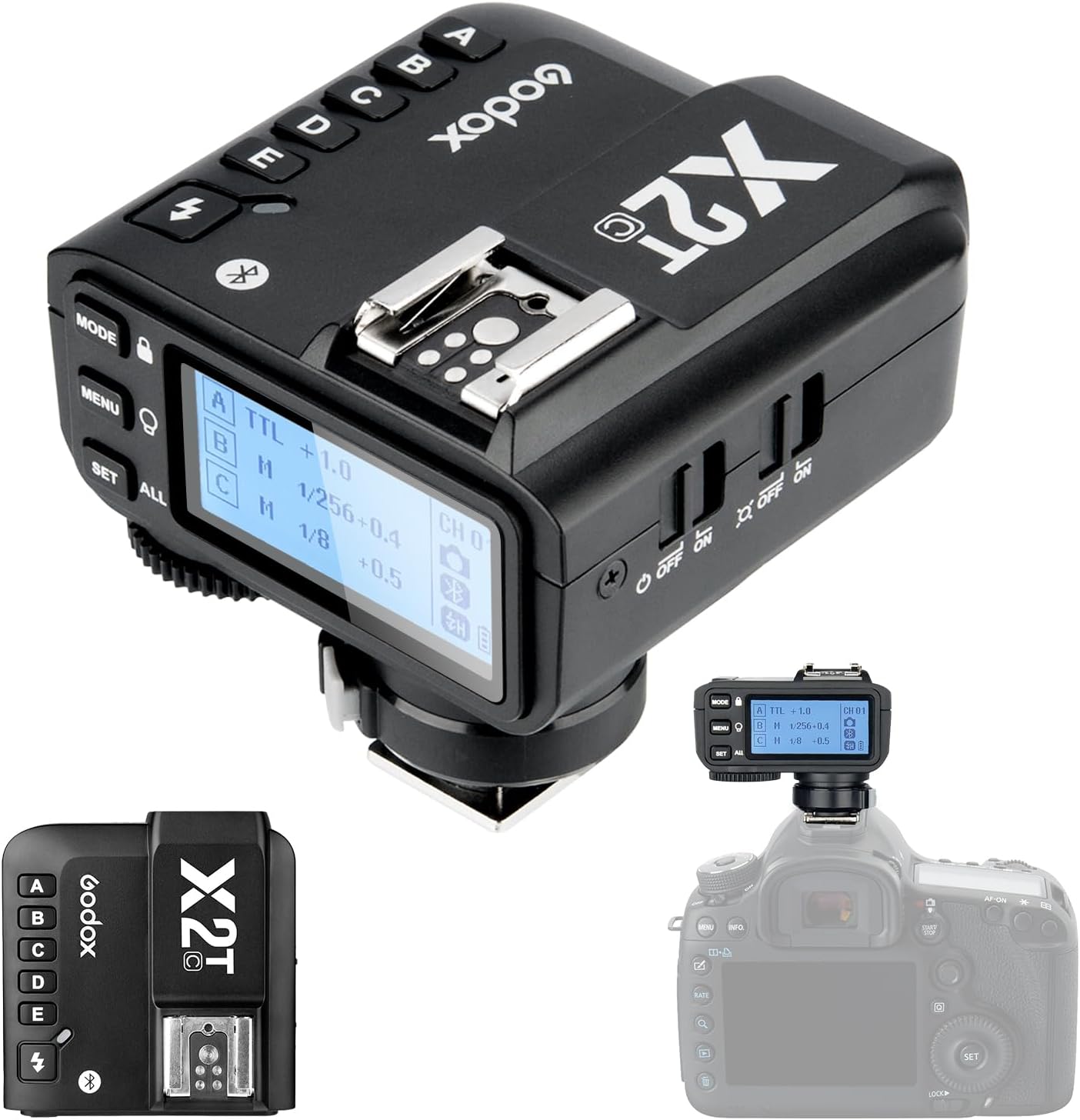 Godox X2T-C TTL Wireless Flash Trigger for Canon - 2.4G 100m Range, 1/8000s HSS, with Hot Shoe for Flash Connection, 5 Groups & 32 Channels, Bluetooth APP Control, Compatible with Canon Cameras