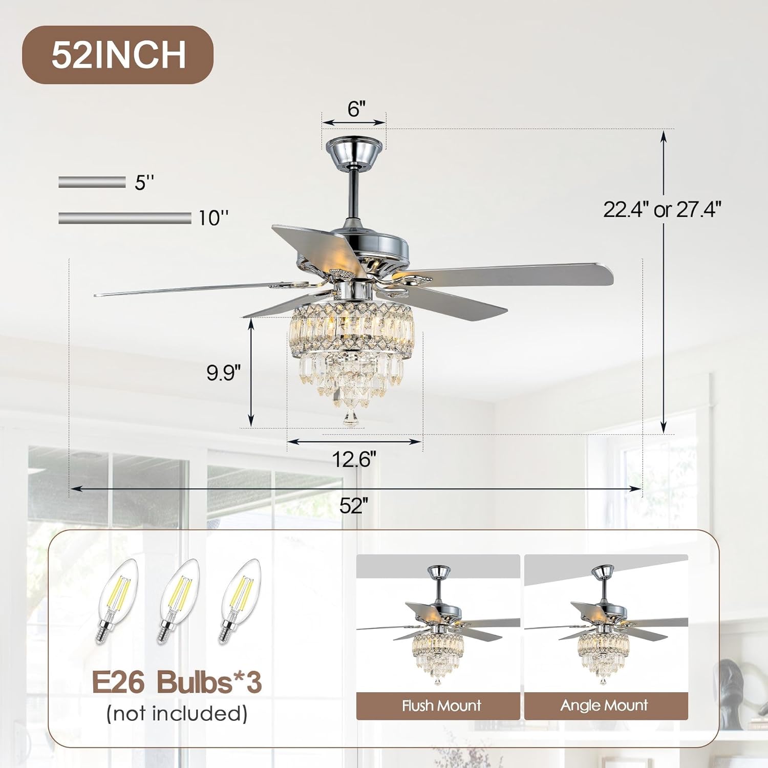 52" Crystal Ceiling Fan with Lights Remote Control Chandelie Ceiling Fans Modern Fandelier Silver Rustic Chandelier Light, Dual Blades, Reversible DC Motor 6 Speeds for Bedroom Living Room