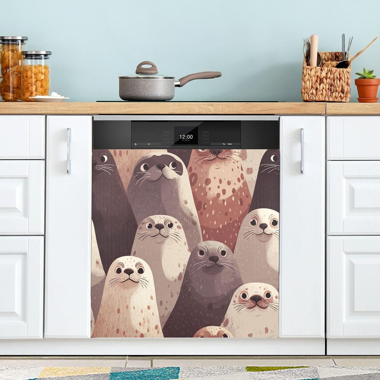 QUGRL Happy Cute Seal Dishwasher Magnet Cover Front Door Decorative Refrigerator Covers Magnetic Sheet Sticker Wash Machine Fridge Panel Decal for Kitchen Appliance 23x26 in