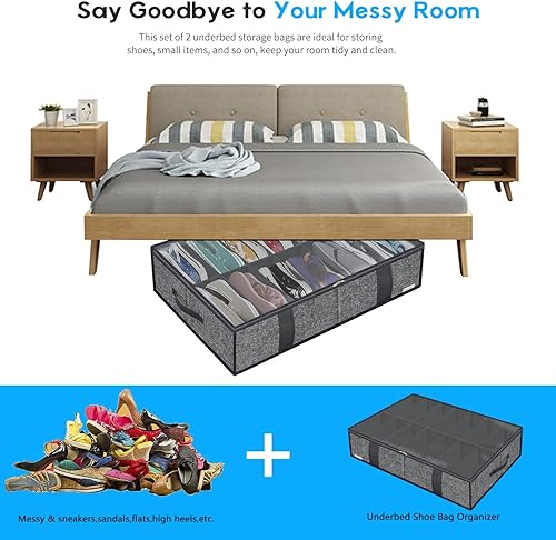 Miniatura 7 de ZMGCUBS14S4 - Organizador grande de almacenamiento de zapatos para debajo de la cama, juego de 2 (14 + 4 pares), caja plegable de tela resistente